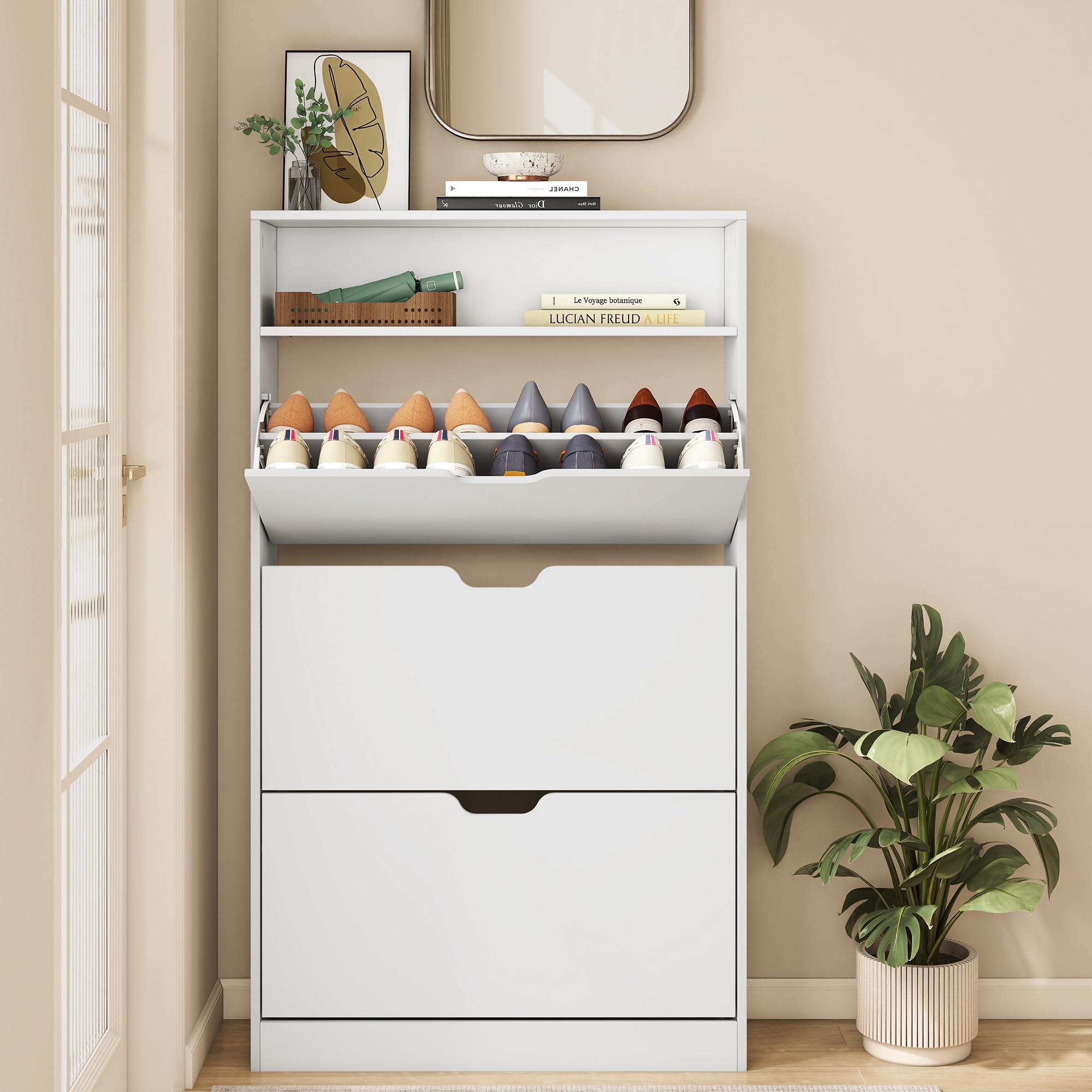 Photo 1 of **MISSING HINGES*** VASAGLE Custos Collection - Shoe Cabinet, Shoe Organizer, Open Compartment, Adjustable and Removable Dividers, 3 Flip Drawers, 9.4 x 31.5 x 54.5 Inches, for 21-24 Pairs, Cloud White ULBC043WB01