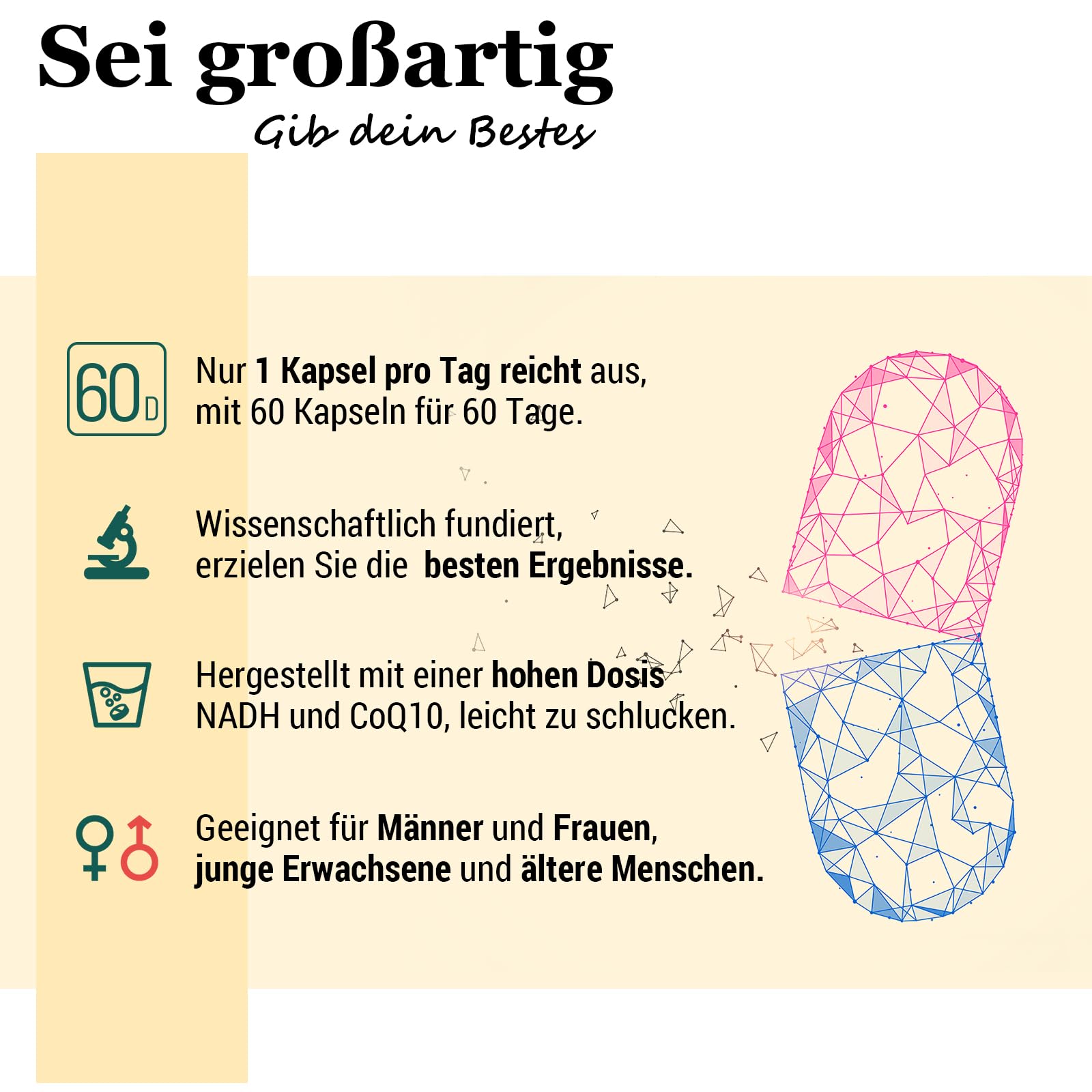 NADH 50 mg – 120 Kapseln, reduzierte Form von NAD+, hochdosiert mit Coenzym Q10 (200 mg) & D-Ribose (150 mg), GVO-frei, glutenfrei