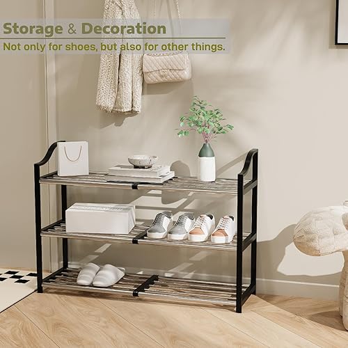 Miniatura 5 de Zapatero de 3 niveles expandible para armario, estante pequeño de almacenamiento de zapatos para entrada, estante ajustable para zapatos para