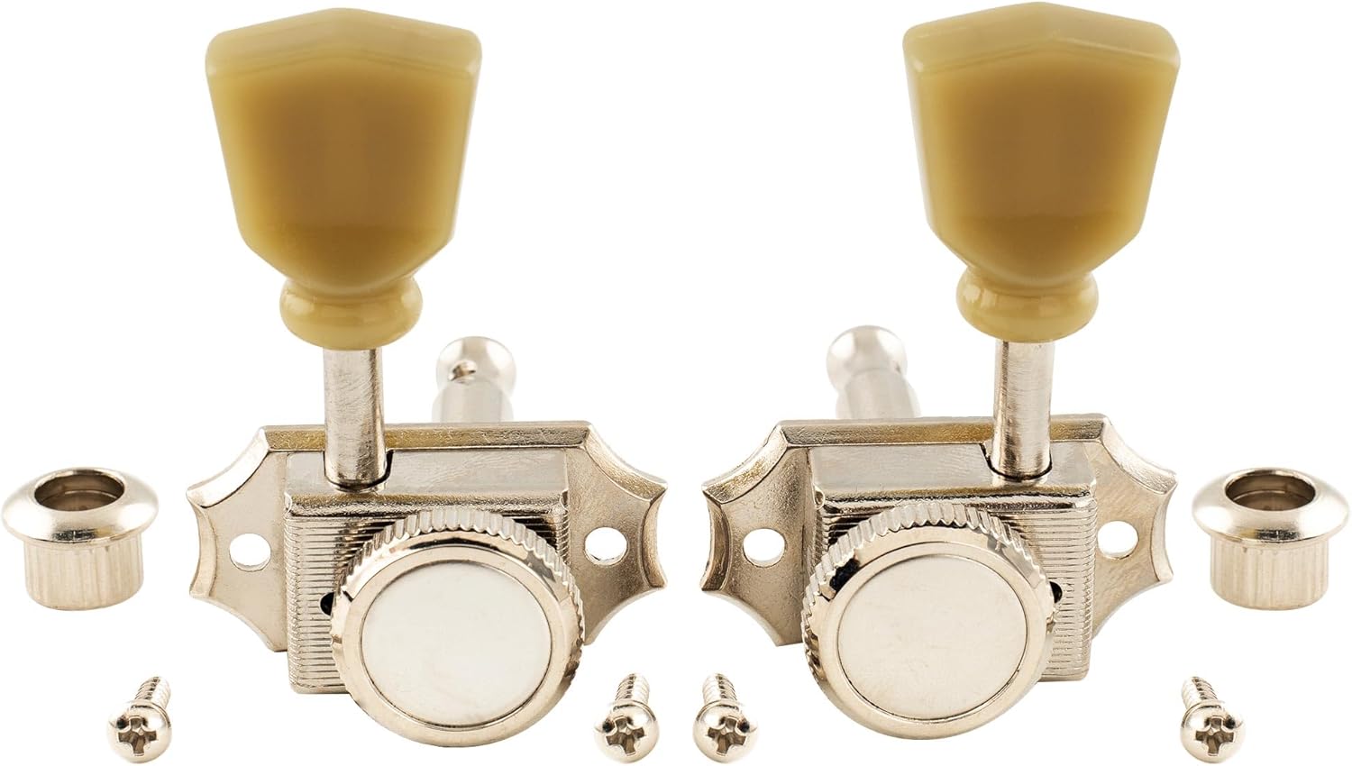 Musiclily Pro Vintage Style 3L3R Guitar Locking Tuners String Tuning Pegs Keys Machine Heads Set for Les Paul Style Electric or Acoustic Guitar, Nickel with Green Keystone Button