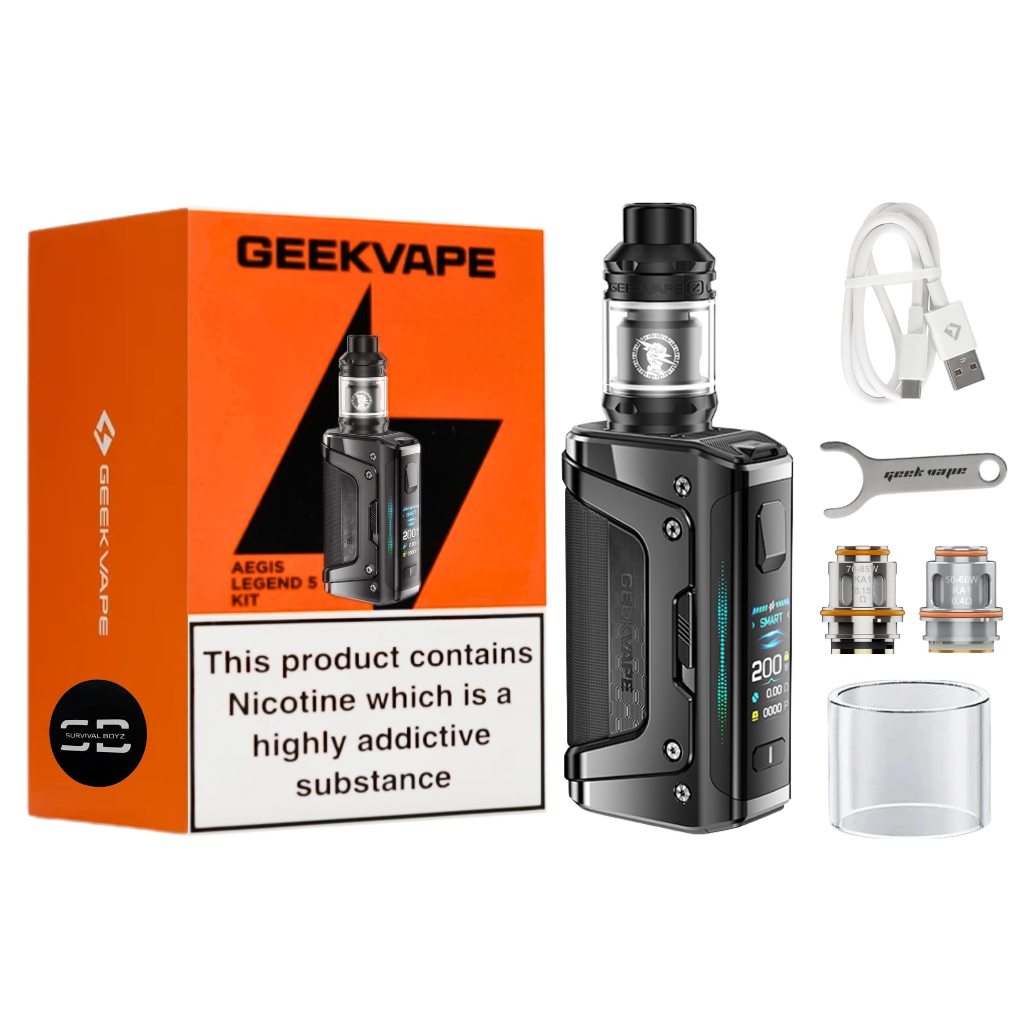Geekvape Aegis Legend 5 Vape Kit [Carbon Black] - Type-C Fast Charge, 2 x  18650 Batteries (sold separately), 200W Output