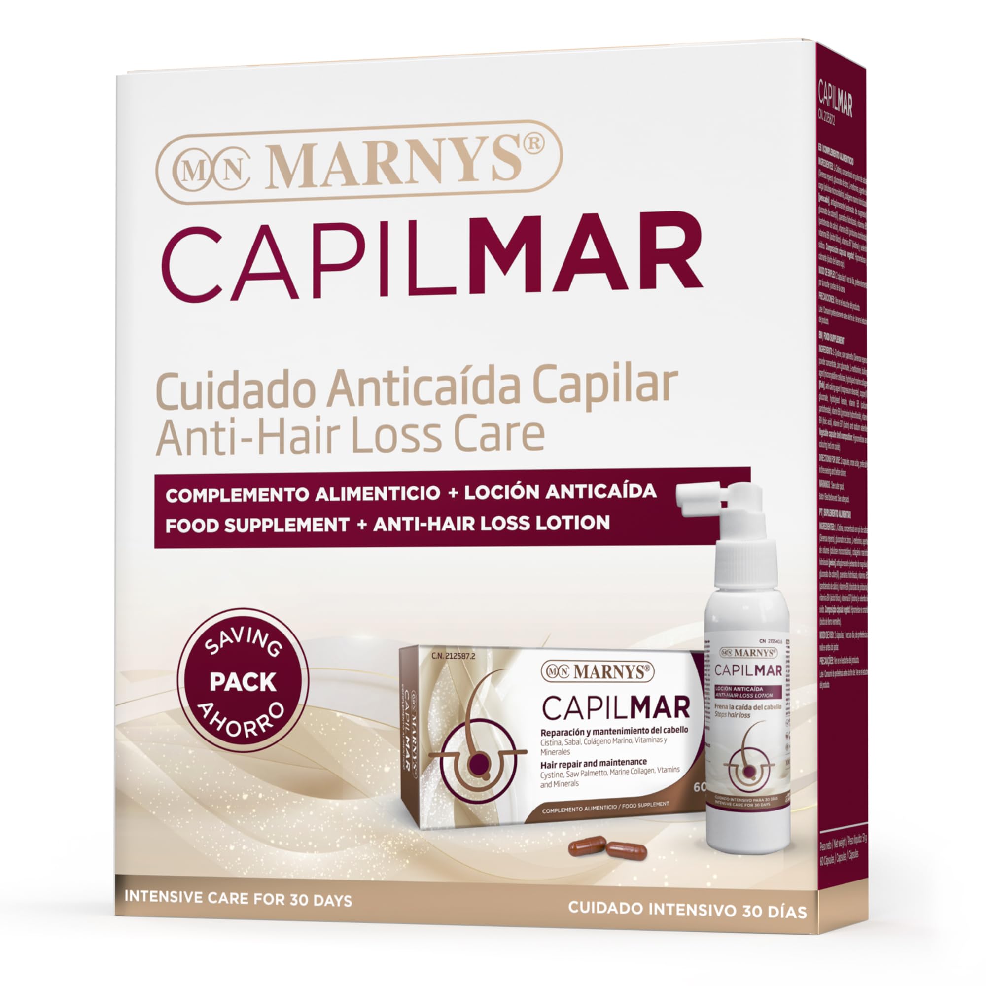 CAPILMAR PACK Anticaída MARNYS - 60 Cápsulas + Loción 100ml - Frena la Caída del Cabello - Protección Capilar - Devuelve la Firmeza y Brillo - Cuidado Intensivo Para 30 días