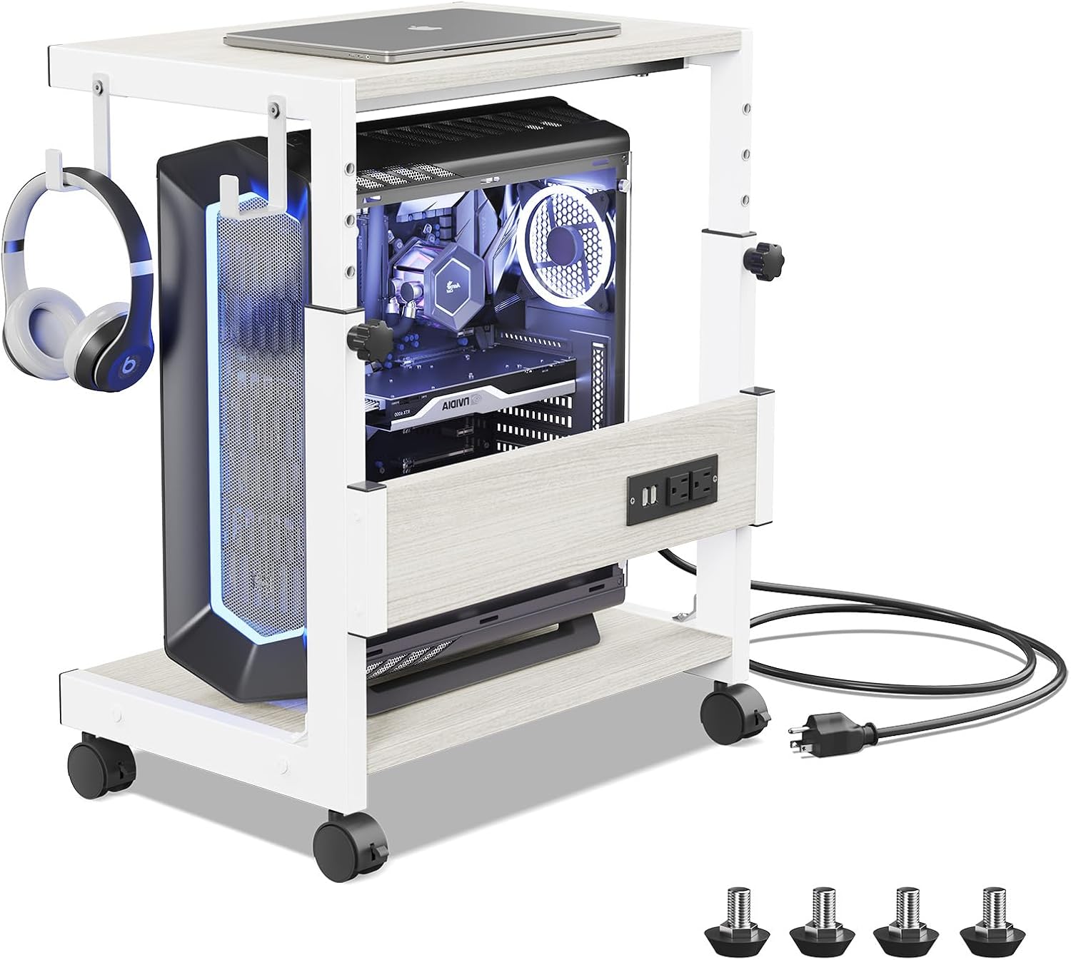 computer tower stand with charge station and usb charging port - height adjustable pc tower stand, under desk cpu holder cart with locking caster wheels for fits most pc white 17.32"