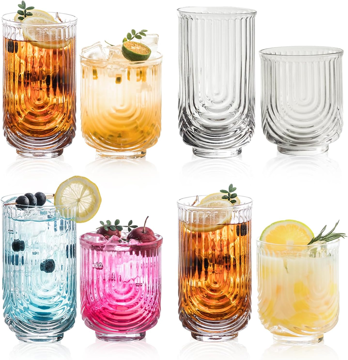 Art Deco Cocktail Glasses, Ribbed Drinking Glasses Set Of 8,14 oz Highball Glasses & 12 oz Cocktail Glasses Set, Kitchen Water Glasses Cup, Bar Tumbler Glassware Set for Beer, Juice, Whiskey, Milk - Image 7