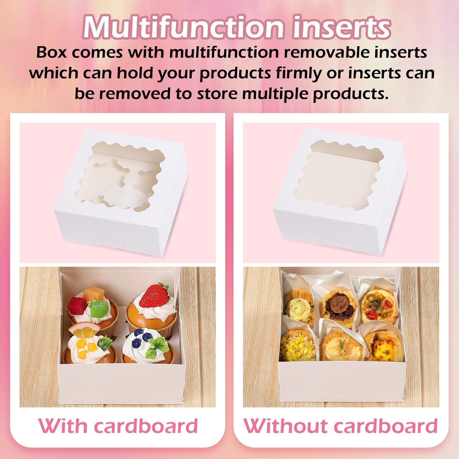pupuluck 26 Pcs Cupcake Boxes 4 Hole with Window Dessert Cup Cake Boxes (15.2x15.2x7.5cm) Thick Paper No Folding Required Cupcake Box for Donuts Chocolate Cake Dessert - Image 4