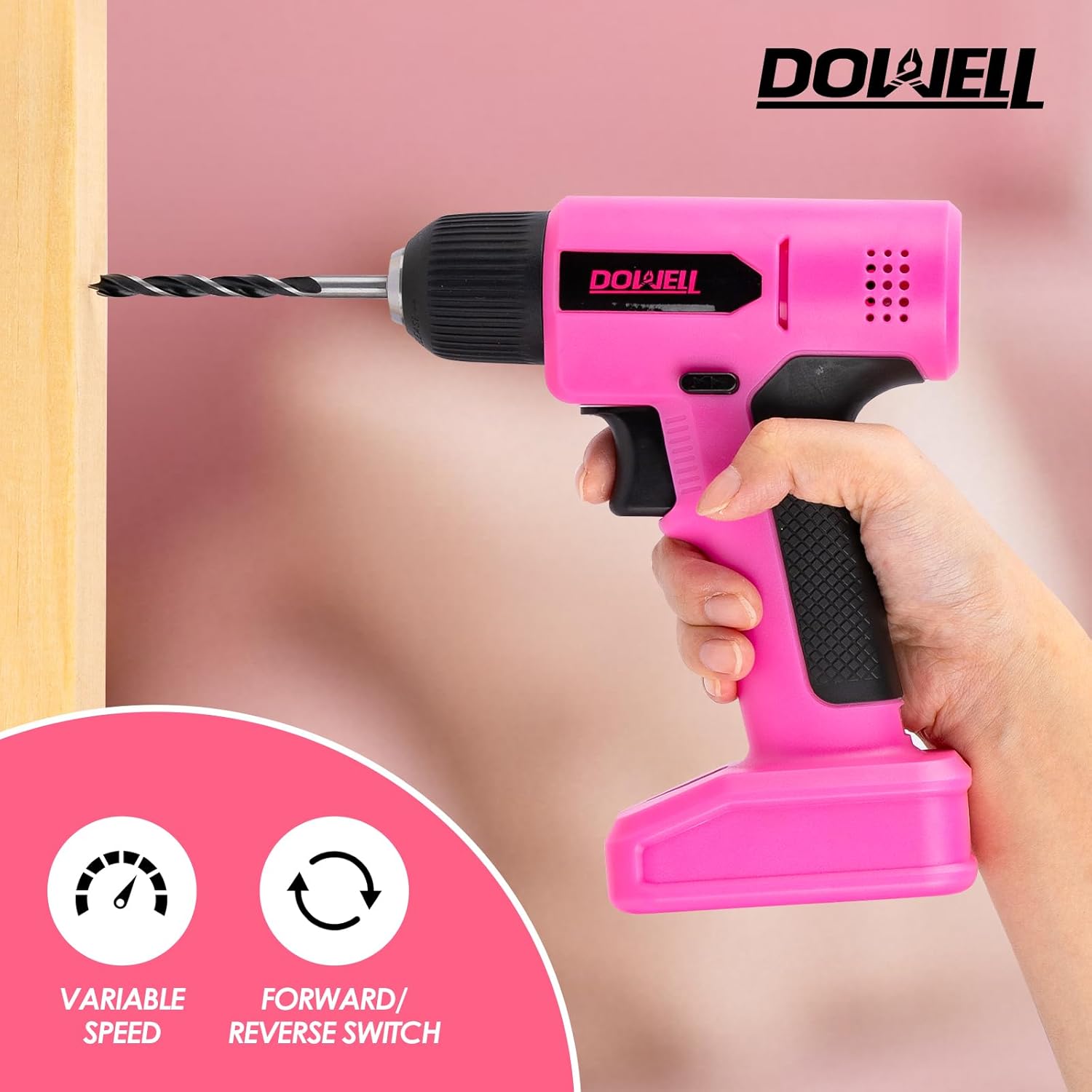DOWELL 8V Cordless Drill Tool Set 58 PCS, Built-in LED, Variable Speed, Type-C Charge Cable, Blow Molded Case, for DIY, Home Maintenance & Light Drilling, Pink
