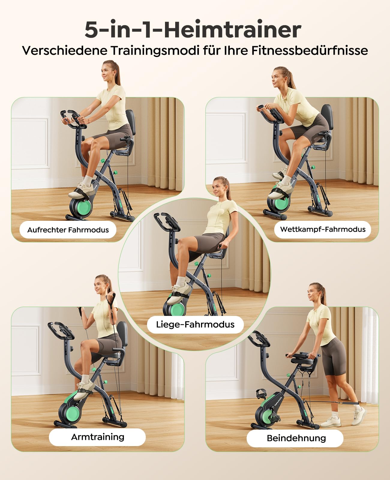 Toputure NEU 5-in-1 Heimtrainer Fahrrad Klappbar mit App, Hand-Bein-Zugseilen, Ergometer Hometrainer mit Ergonomischem Sitz, Handpulsmessung, 16 Magnetwiderstand, bis 140 KG, Ultraleise