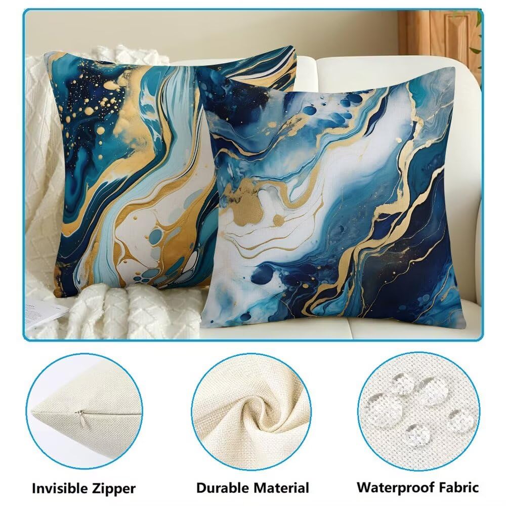 Federe Cuscini da Esterno Impermeabili 65x65 Blu Copri Cuscini per Divano Marmo Federa Cuscino Astratto Decorativi Copricuscini per Divano Giardino Patio Soggiorno Copricuscino Set di 2 (IU325)