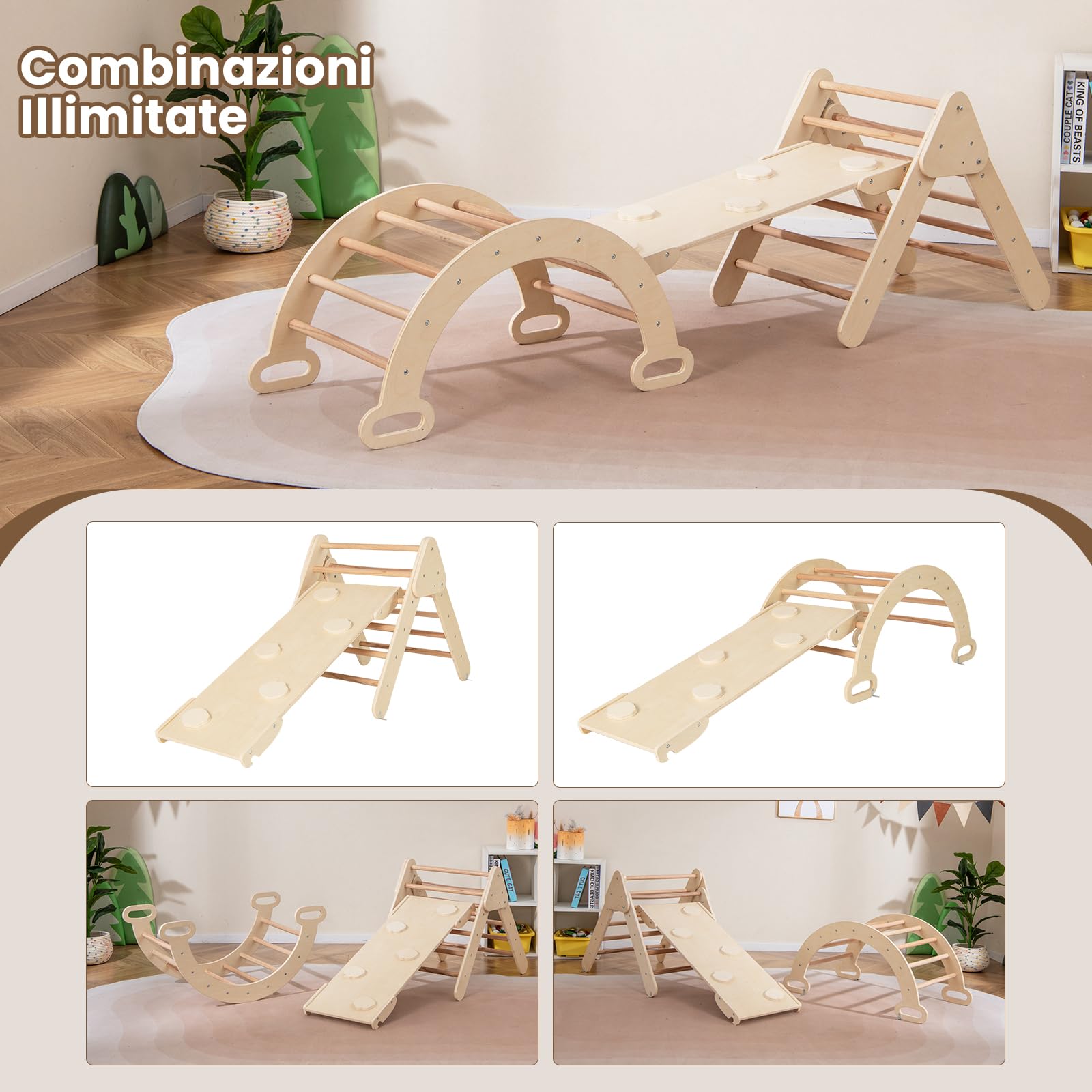 RELAX4LIFE 4 in 1 Triangolo da Arrampicata con Scivolo per Bambini, Arco da Arrampicata e Scala per Arrampicarsi in Legno, Montessori Giocattoli Bimbi 2 3 4 5 Anni