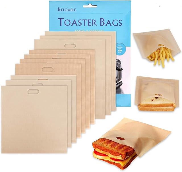 XREXS 10 Pack Reusable Toaster Bags Non-Stick Toasted Sandwich Bags, Washable Toastie Bag, Toastie Bags for Toaster Microwave Grill, Toast Bags for Toast Sandwich Panini Snacks, Reuse 100 Times