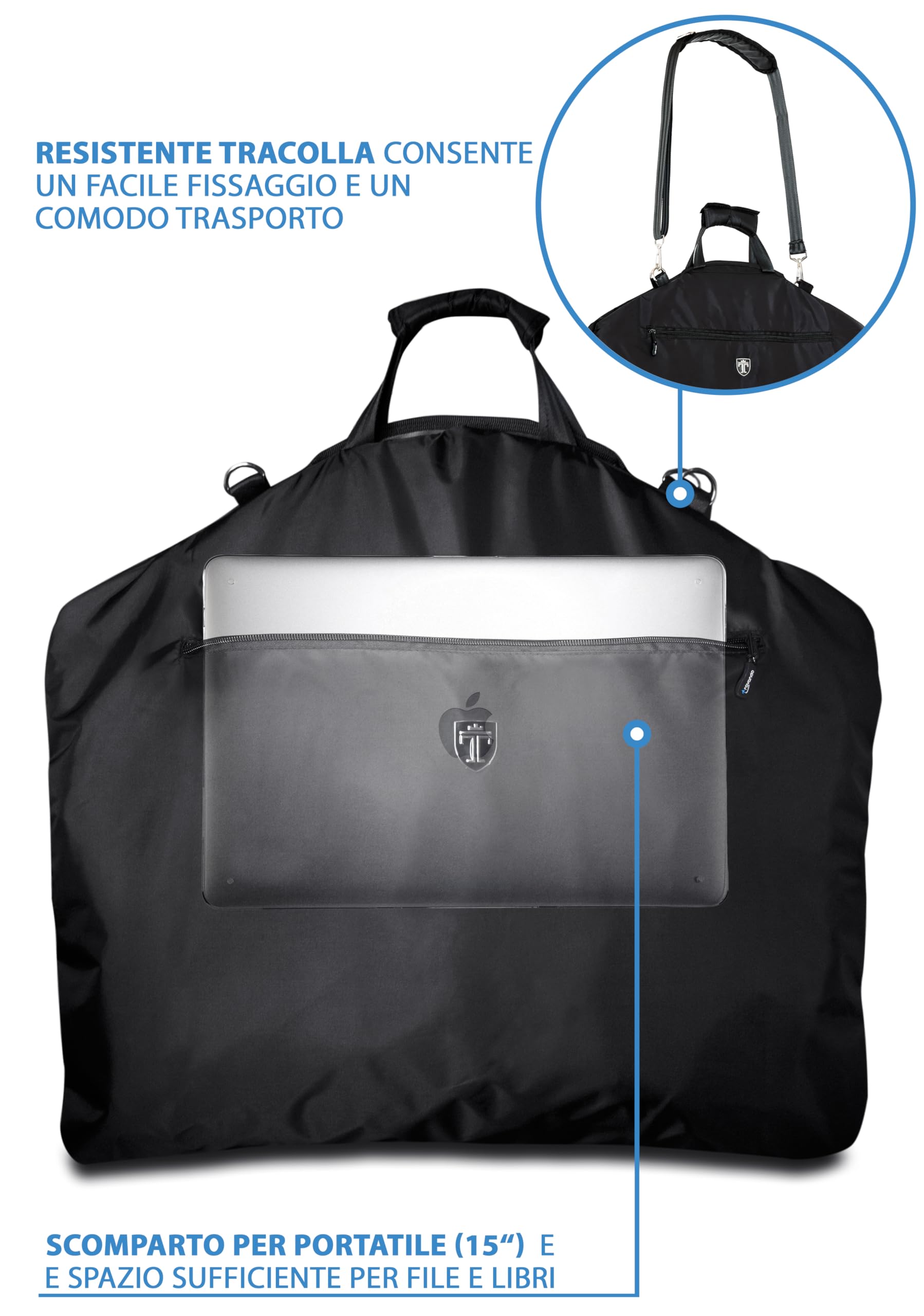 TRAVANDO Porta Abiti da Viaggio con Tasca Computer 15” integrata, Cinghia tracolla - Borsa con Manici, Copriabito, Custodia camicie indumenti, Carrier indumenti, Valigia Vestito Business