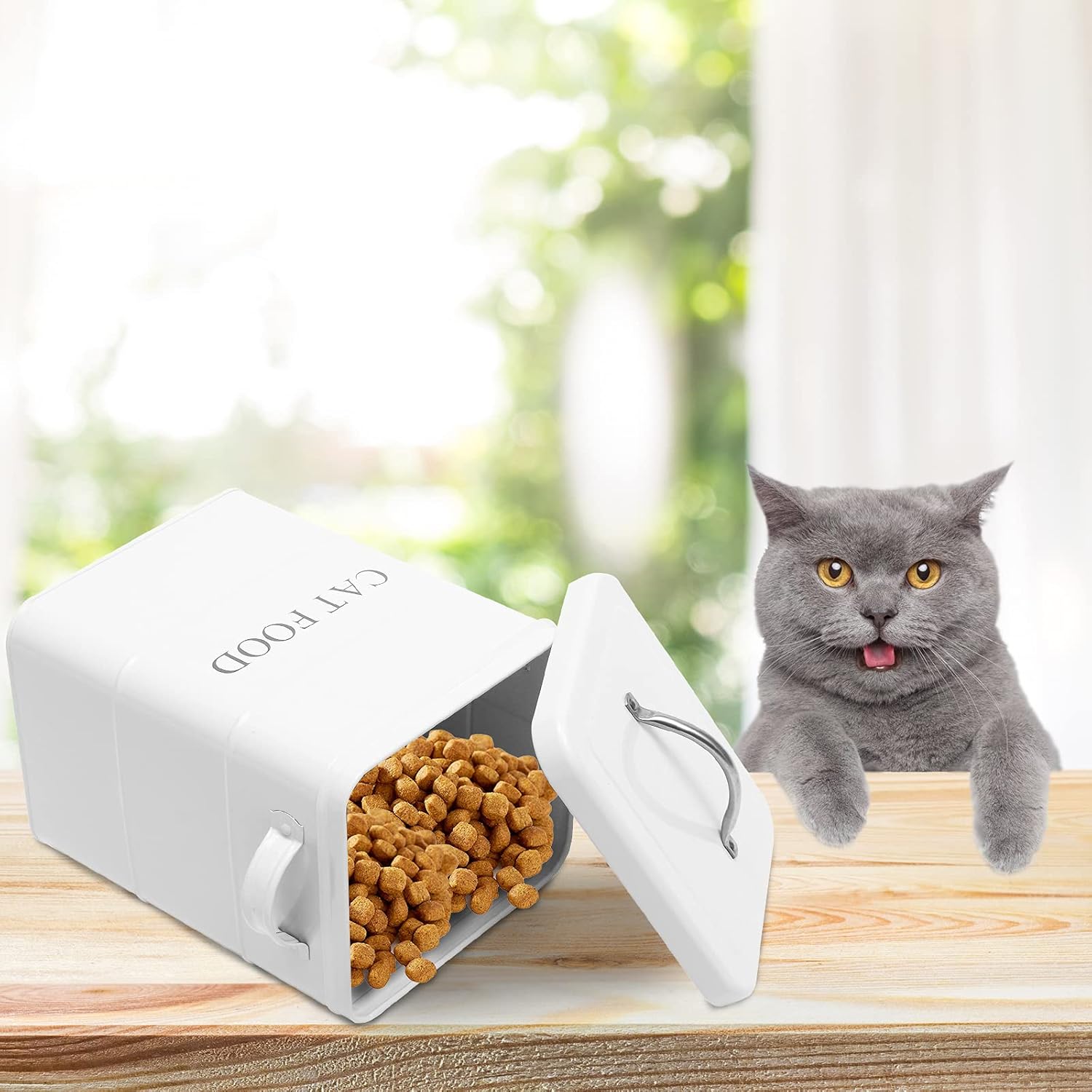 Geyecete airtight CAT Treat Container bin and CAT Food Storage Tin with Lid with Handle Serving Scoop Included Cream Powder - Coated Carbon Steel - Tight Fitting Lids-White : Pet Supplies