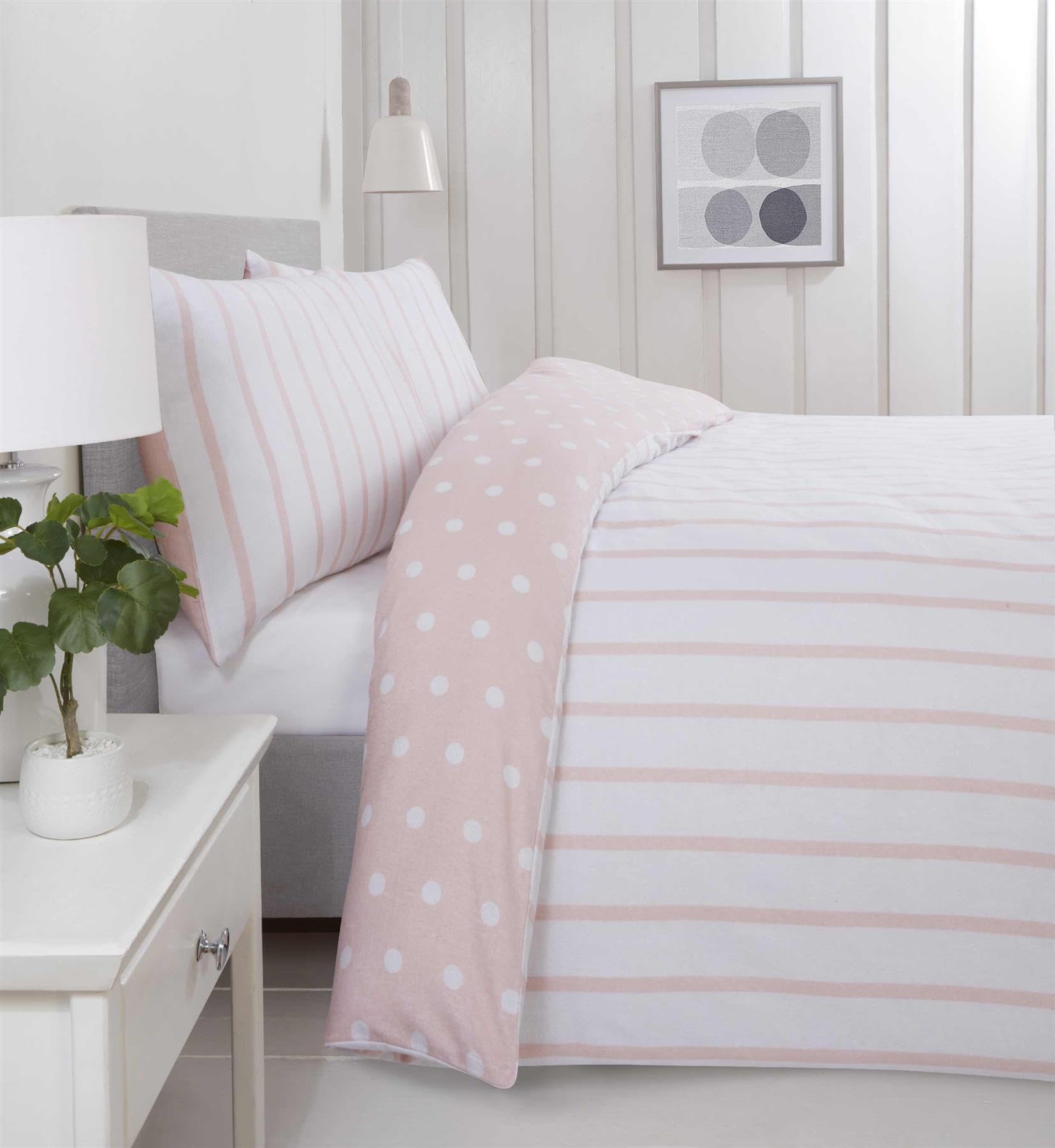 Rapport Home 180 Threadcount Spots & Stripes Brushed Microfibre Duvet Cover Set Single Blush, Pink