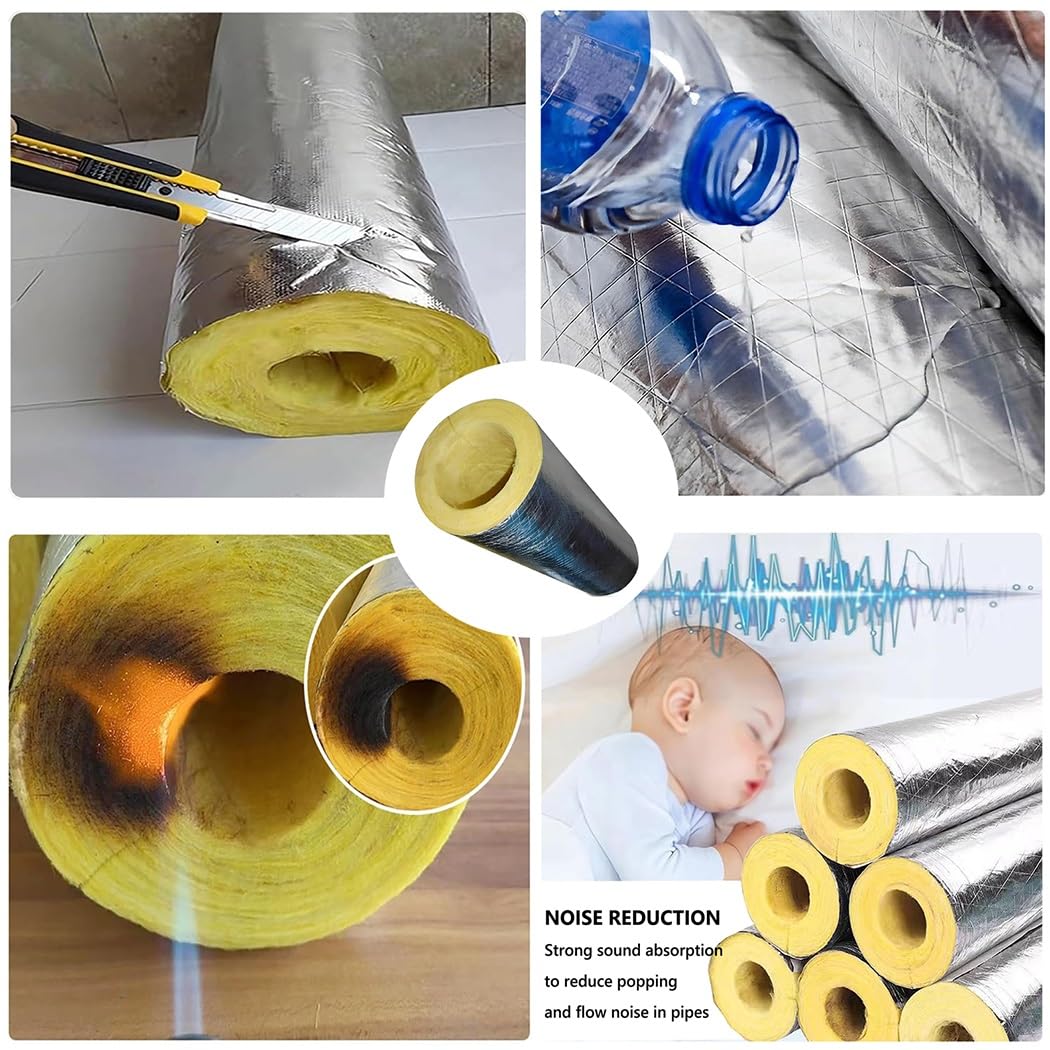 100cm Tubo De Espuma De Aislamiento Lana De Roca, Revestimiento De Aluminio, Coquilla Aislante - Impermeable/Ignífugo/Anticongelante(ID108.0mmxT50.0mmxL1.0m)