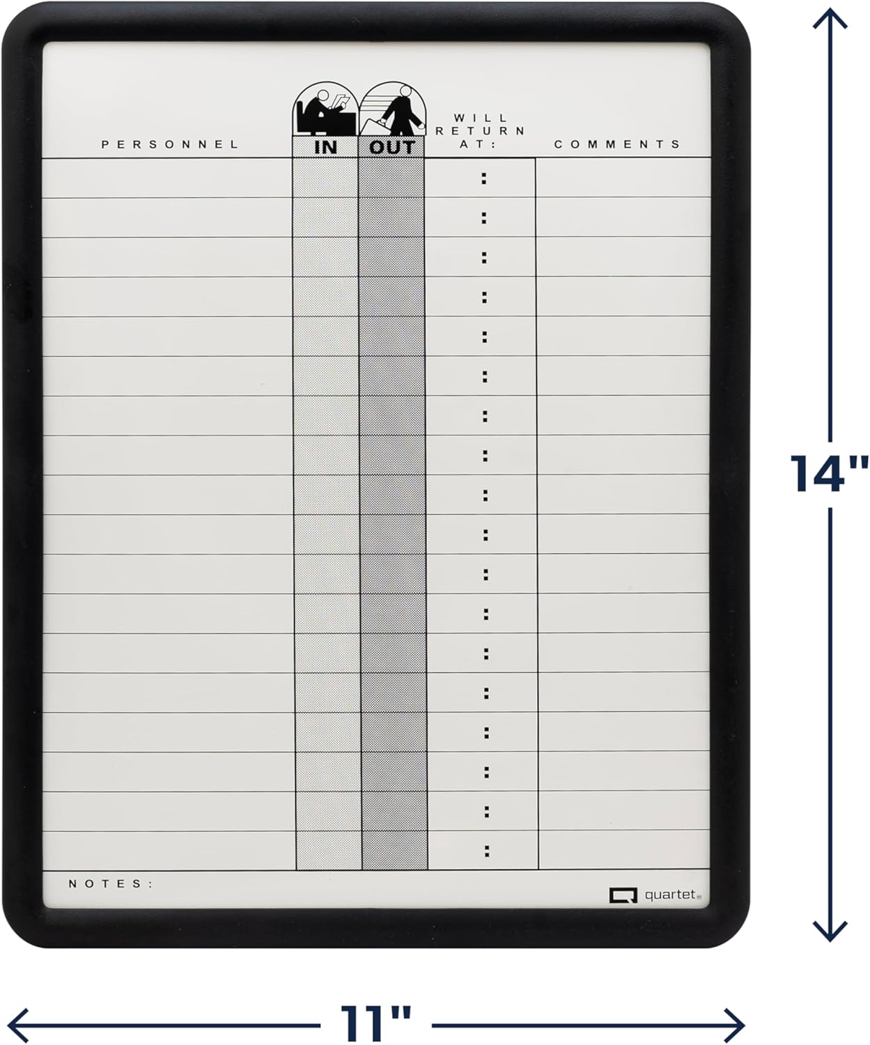 Quartet In and Out Dry Erase Magnetic Board 11"W x 14"H, In & Out Personnel Matrix for 18 Names, DuraMax Porcelain, Black Frame (750)