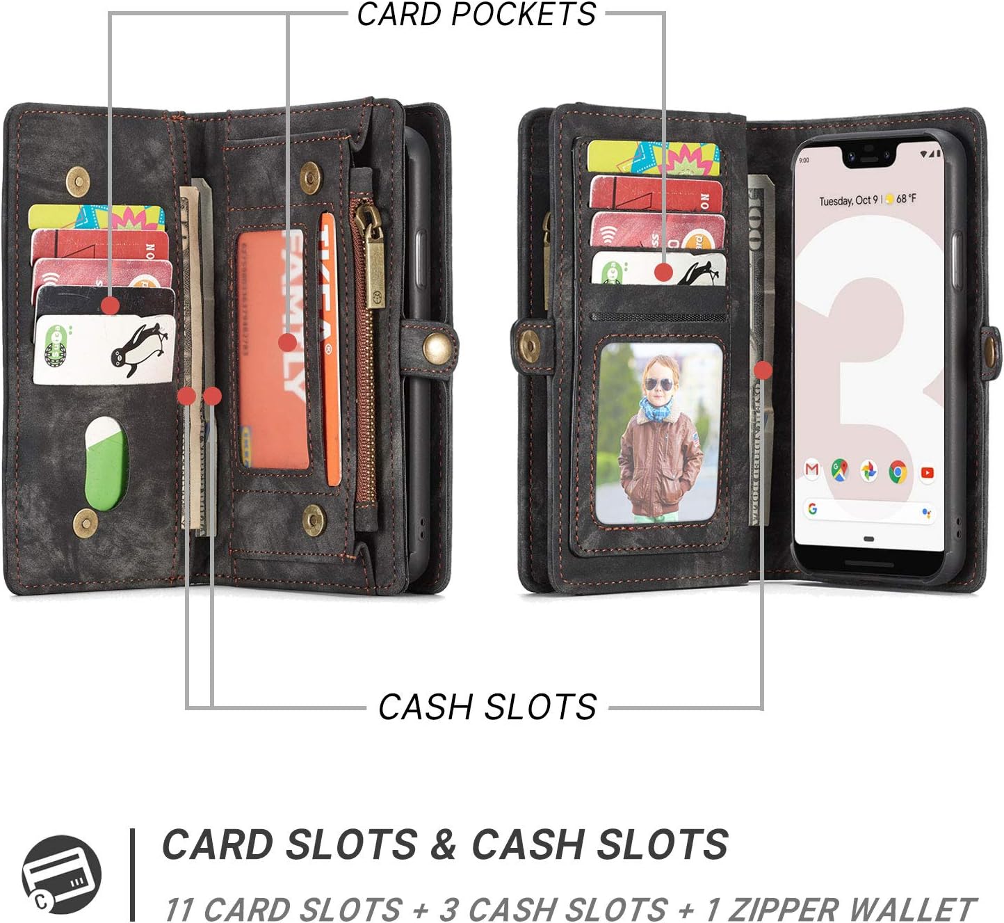 Google Pixel 3A Leather Wallet Zipper Purse Detachable Card Slots Holder Flip Case Magnetic Wrist Strap Handle Shockproof Cover Pocket Wallet Handbag for Google Pixel 3A (Black, Pixel 3A)