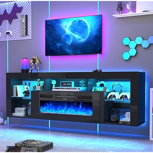 jiteentarou 71" Floating Fireplace TV Stand for up to 85" TVs, Modern High Gloss Entertainment Center w/40 Electric Fireplace, Charging Station&LED Lights, Fireplace TV Media Console w/Storage, Black