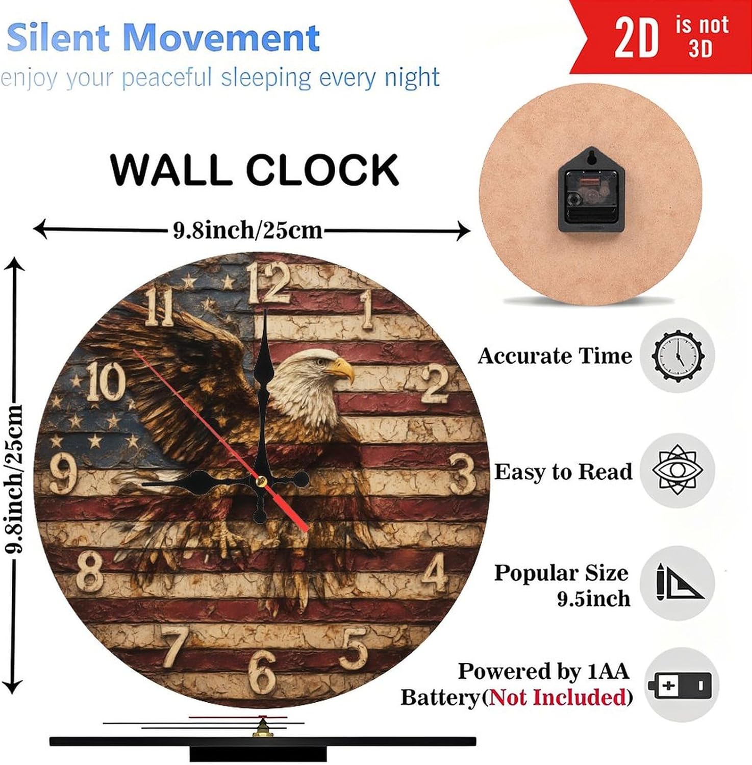 American Bald Eagle Flag Wall Clock Rustic Decor 10-Inch Wooden Wall Clock, Silent Movement, Perfect for Living Room Bedroom Bathroom Home Decor