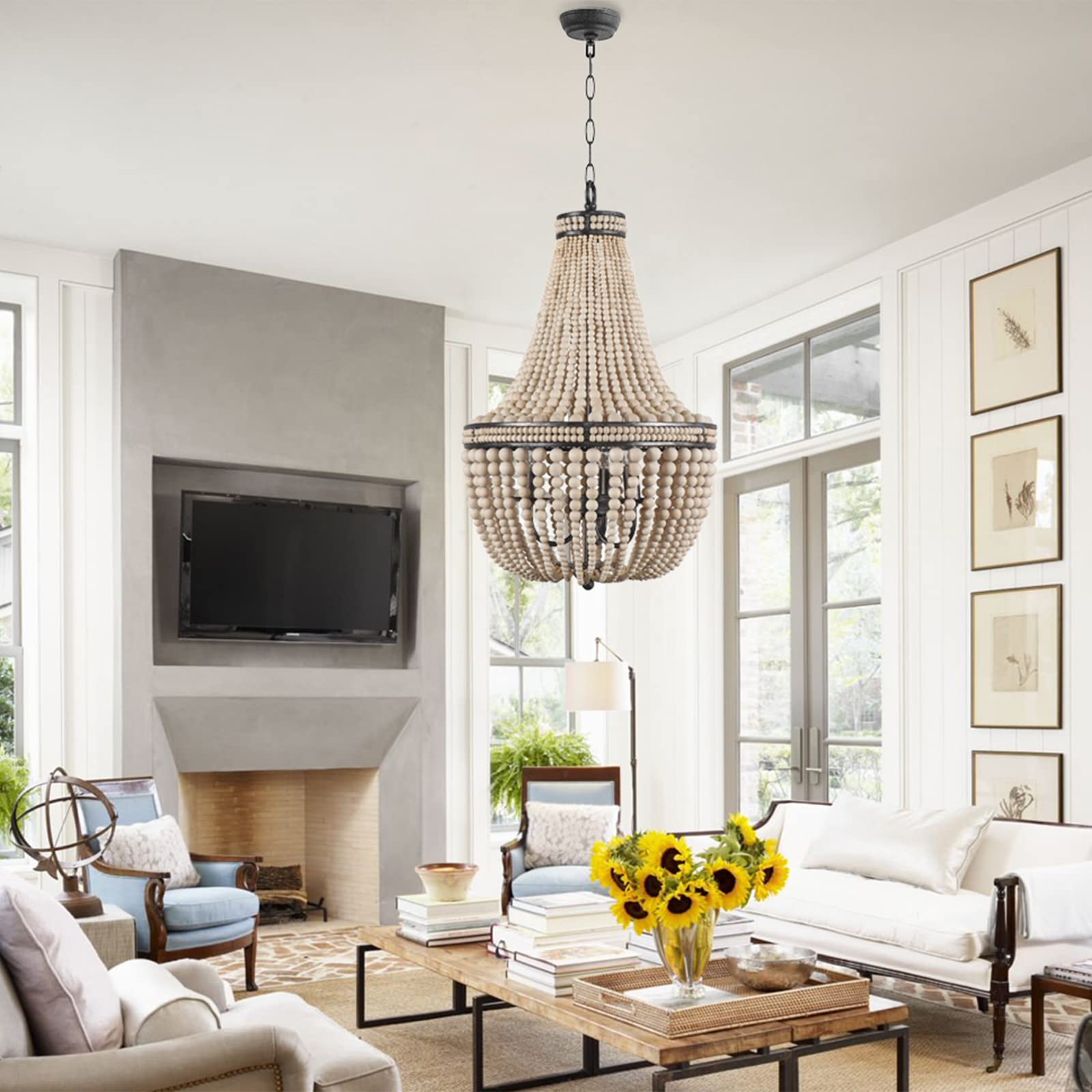 Farmhouse Wood Beaded Chandelier Boho Light Fixture, Black Metal White Oak Wooden Chandeliers Rustic Kitchen Island Pendant Lighting for Dining Room,Bedrooms, Kitchen,Entryway, Foyer, Living Room