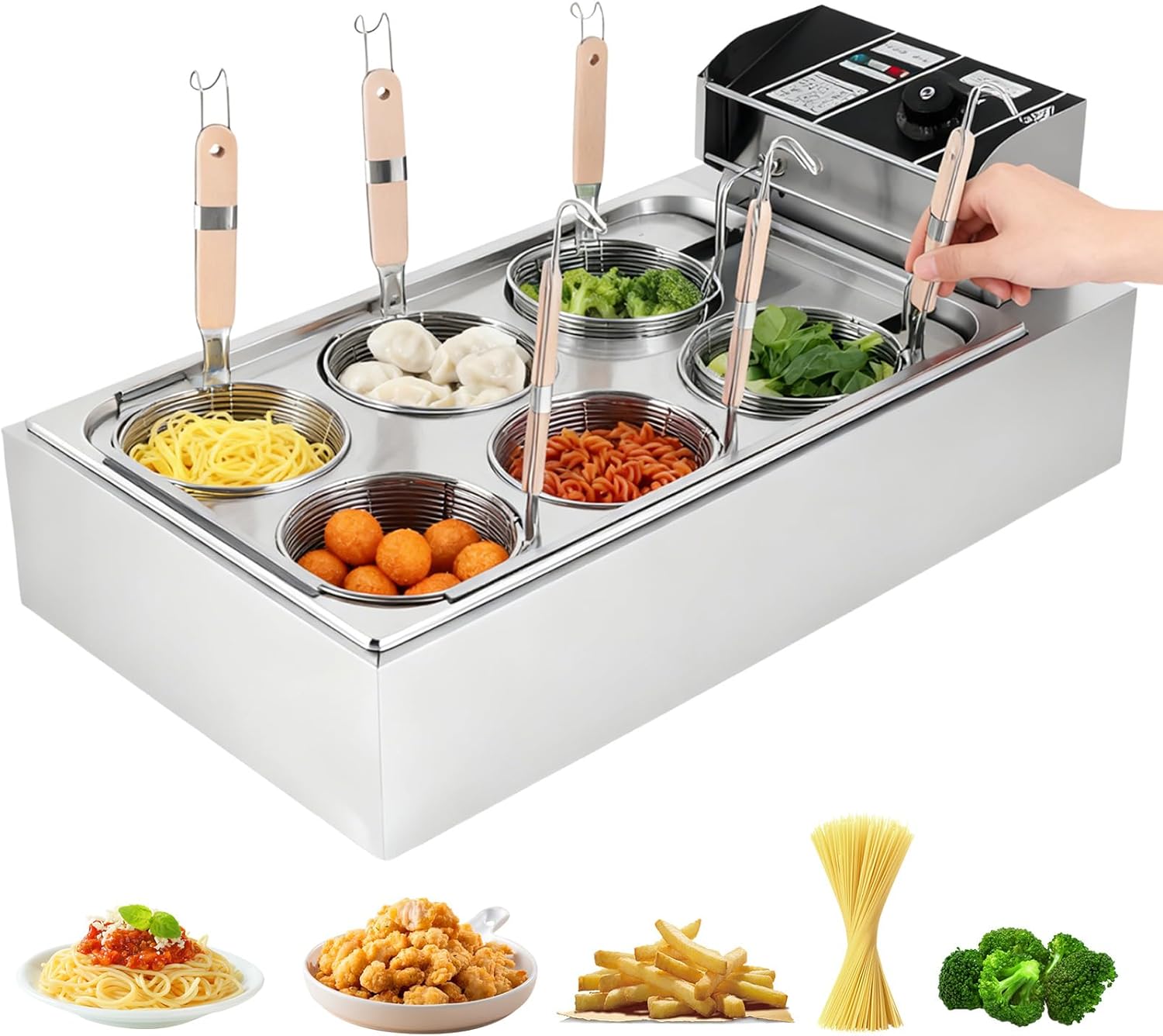 Commercial Electric Pasta Cooker with 6 Baskets, Stainless Steel, 50-300℃ Temperature Control, 110V Noodle Cooking Machine for Restaurant.
