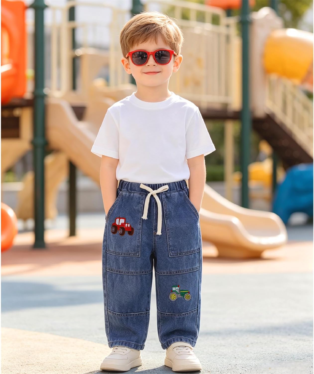 IZYJOY Toddler Boy Baggy Jeans Kids Straight Wide Leg Denim Pants Tractor Embroidery Loose Casual Trousers with Pockets