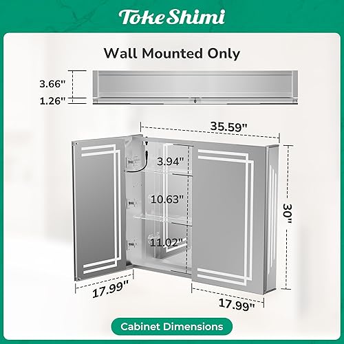 Miniatura 10 de TokeShimi Botiquín de baño de 36 x 32 pulgadas con espejo LED, gabinete de baño iluminado con atenuación continua de 3 colores, CRI 80+, antivaho y