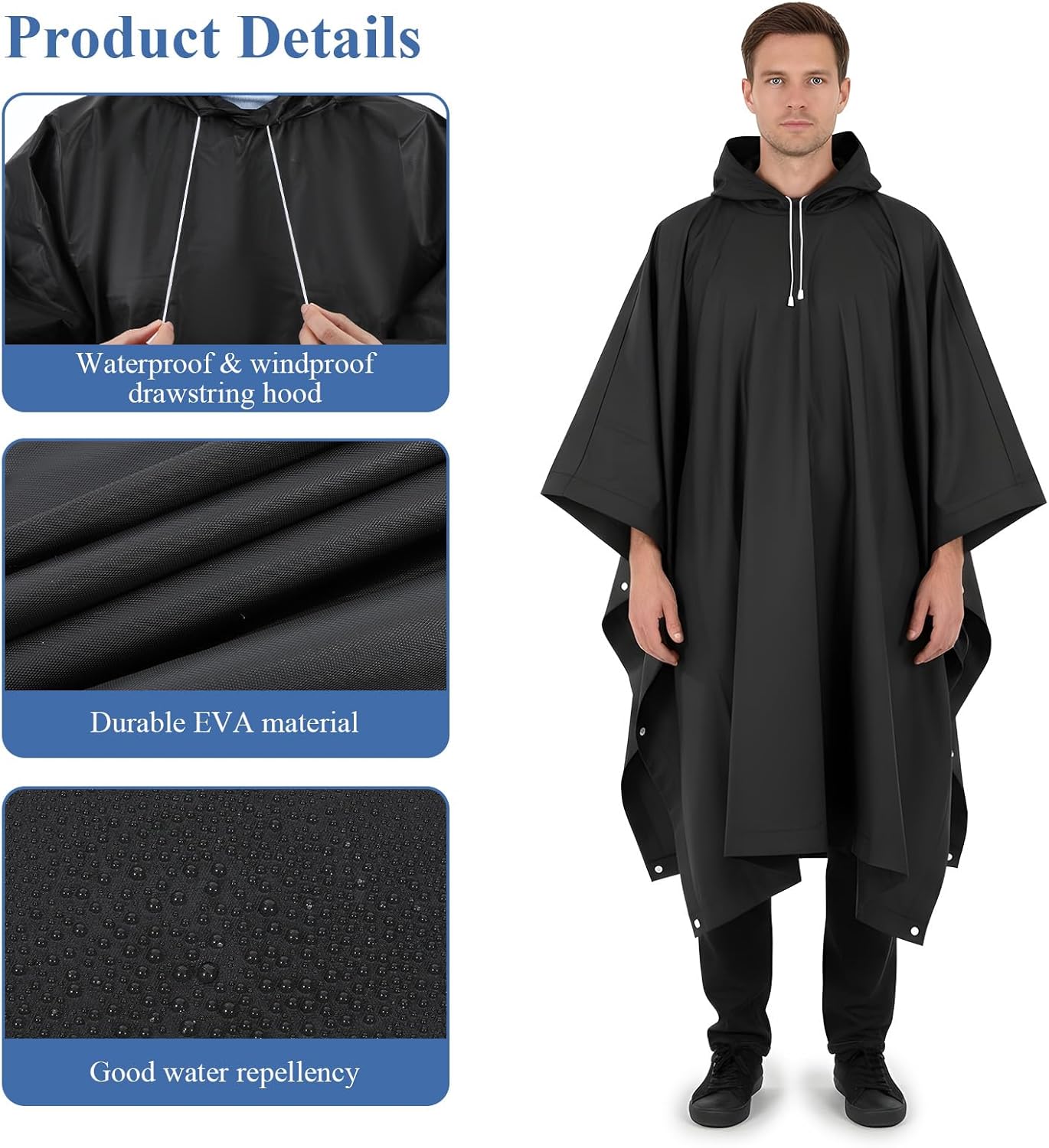 10 Pcs Reusable Rain Ponchos for Adults Waterproof EVA Raincoat with Drawstring Hood Lightweight Packable Rain Gear for Men Women Outdoor Camping Hiking Travel Black - Image 5