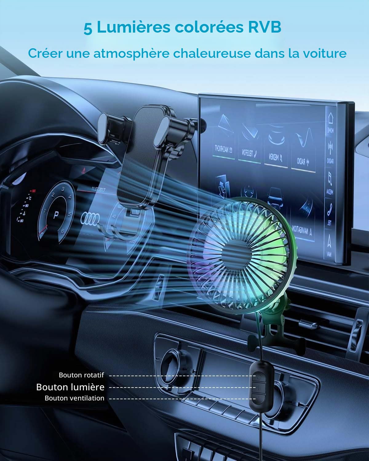 Ventilateur de Voiture, ventilateur de voiture Tête Mobile à 90°, 12V USB Ventilateur 3 vitesses 360° avec lumière RGB, Moins de bruit Convient à une grande variété de véhicules