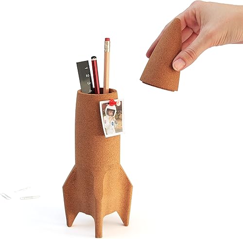 Suck UK Soporte para bolígrafo Rocket - Organizador de escritorio y accesorios para cubículos  Organizador estacionario de corcho y taza para