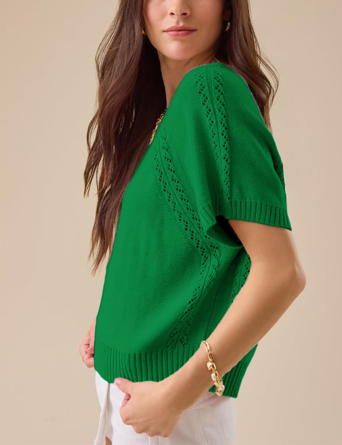 Yeokou Women Knit Crochet Top Short Sleeve Crew Neck Loose Fit Pullover Sweater Summer Fall Fashion Casual Knitted Blouse - Image 3