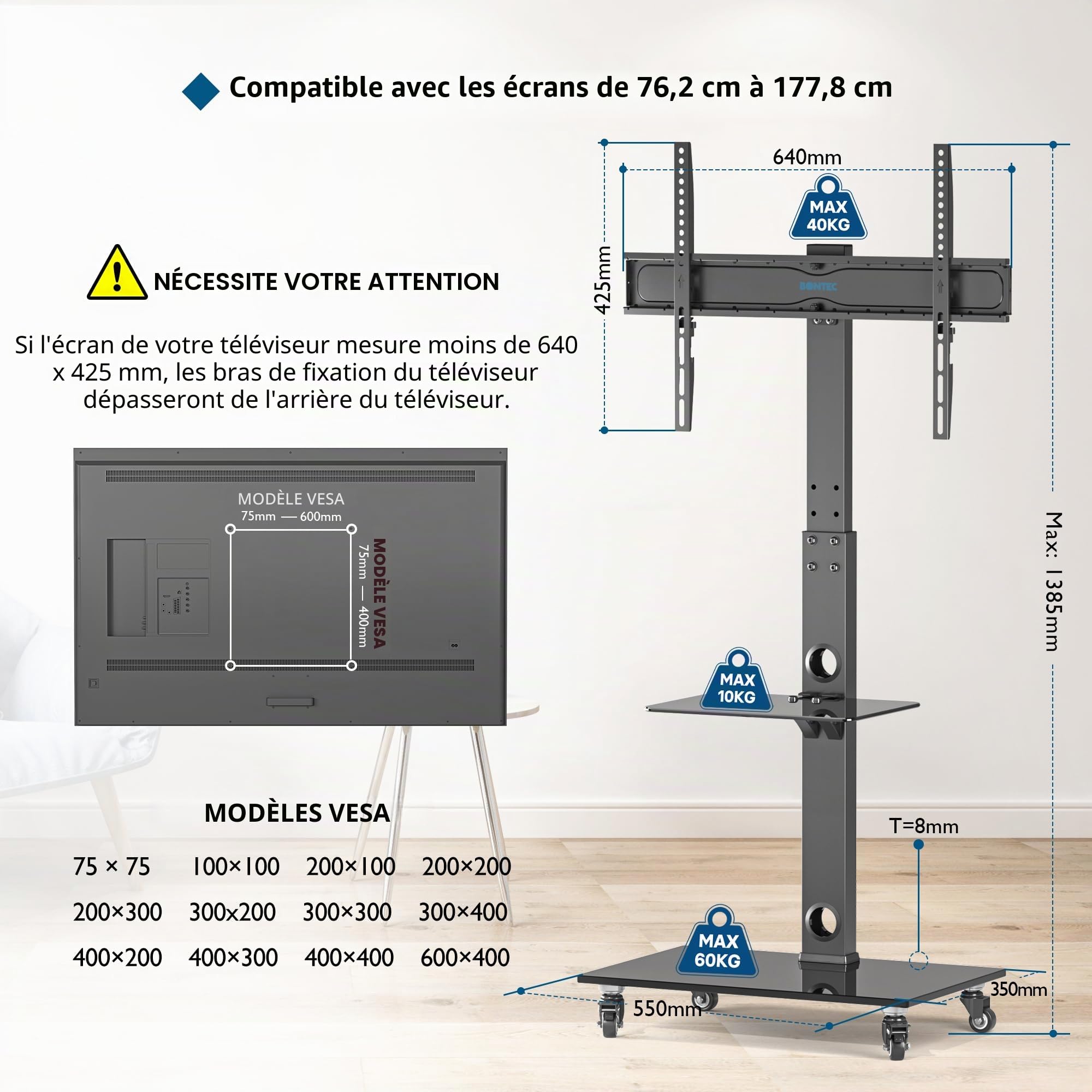 BONTEC Support TV roulettes Support Tele Mobile pour Téléviseurs Plasma/LCD/LED de 30 à 70 Pouces jusqu'à 40 kg, 6 réglages de Hauteur avec étagères en Verre trempé à 2 Niveaux, Max VESA 600x400 mm
