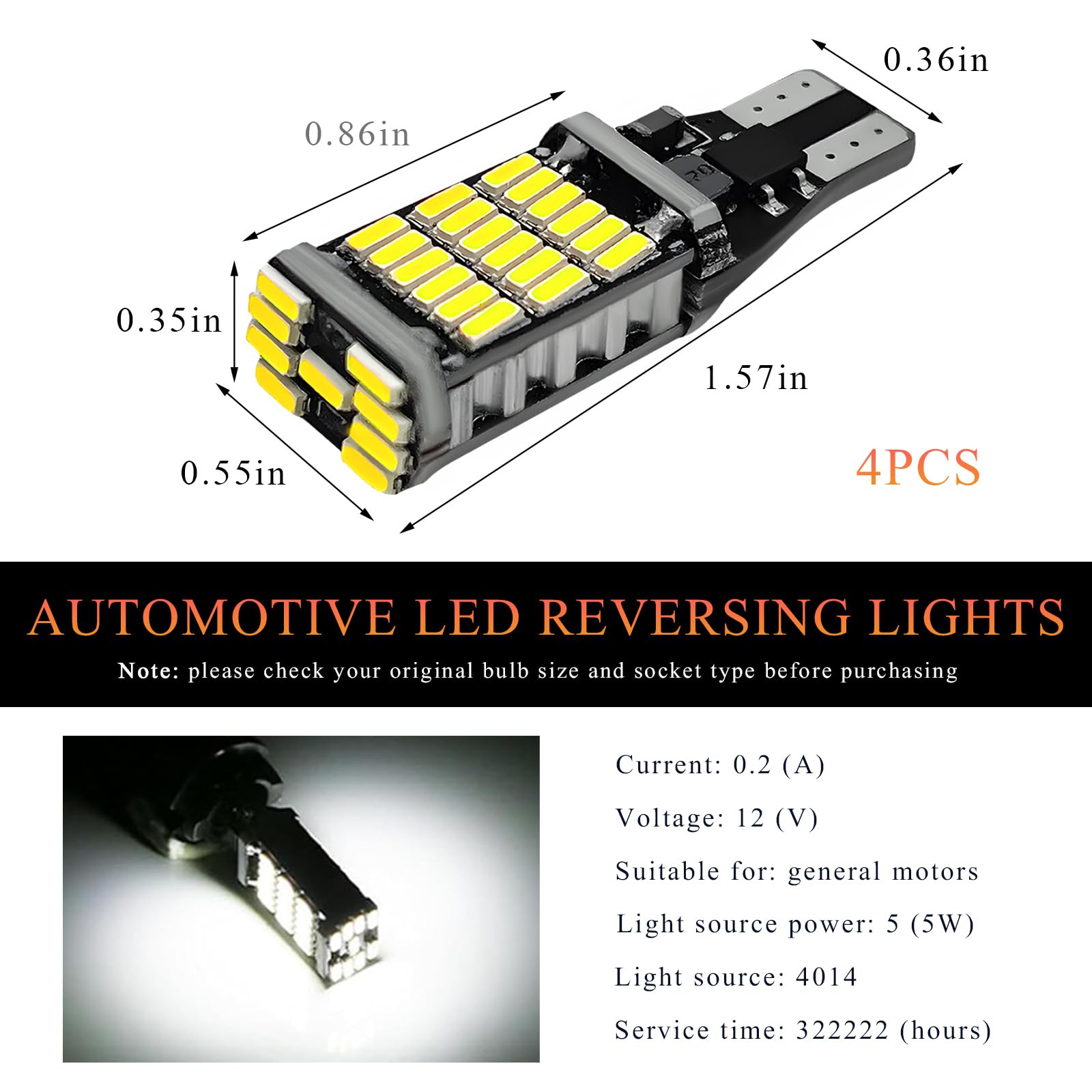 Wevdn 4 PCS LED Reverse Lights, T15 4014 45SMD Back Up Light Turn Signal Bulb, 6500K Super Bright Stop Light Bulbs Brake Lights for Cars Trucks RVs, Universal Car Accessories (White)