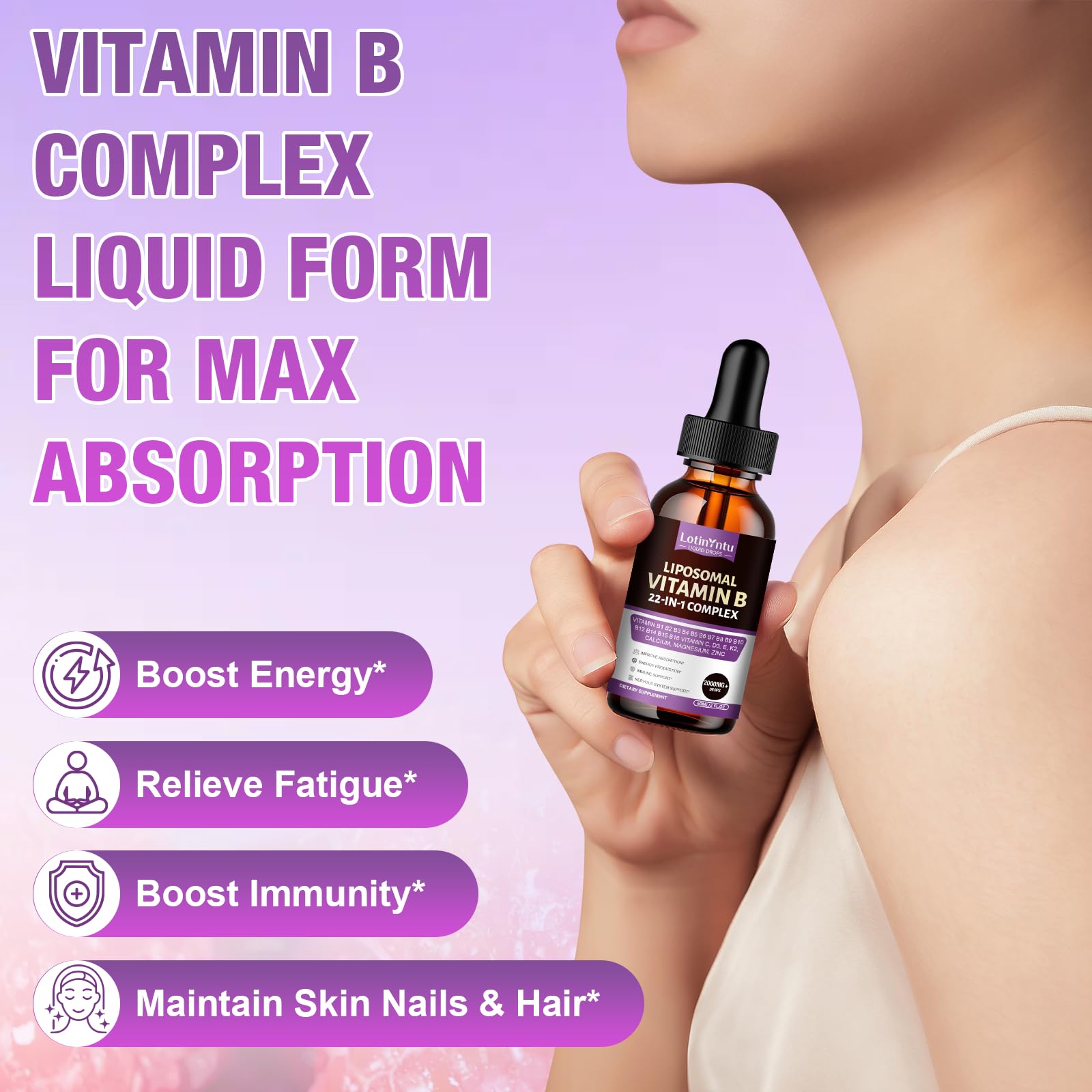 2 Pack 22-in-1 Vitamin B Complex 2000MG Sublingual Liquid Drops, B1,B2,B3,B5,B6,B7,B8, B9,B10,B12 Methylcobalamin, B14, B15, B16, Vitamin C, D3,K2, Maximize Absorption, Immune & Energy Metabolism — Amazon image 4