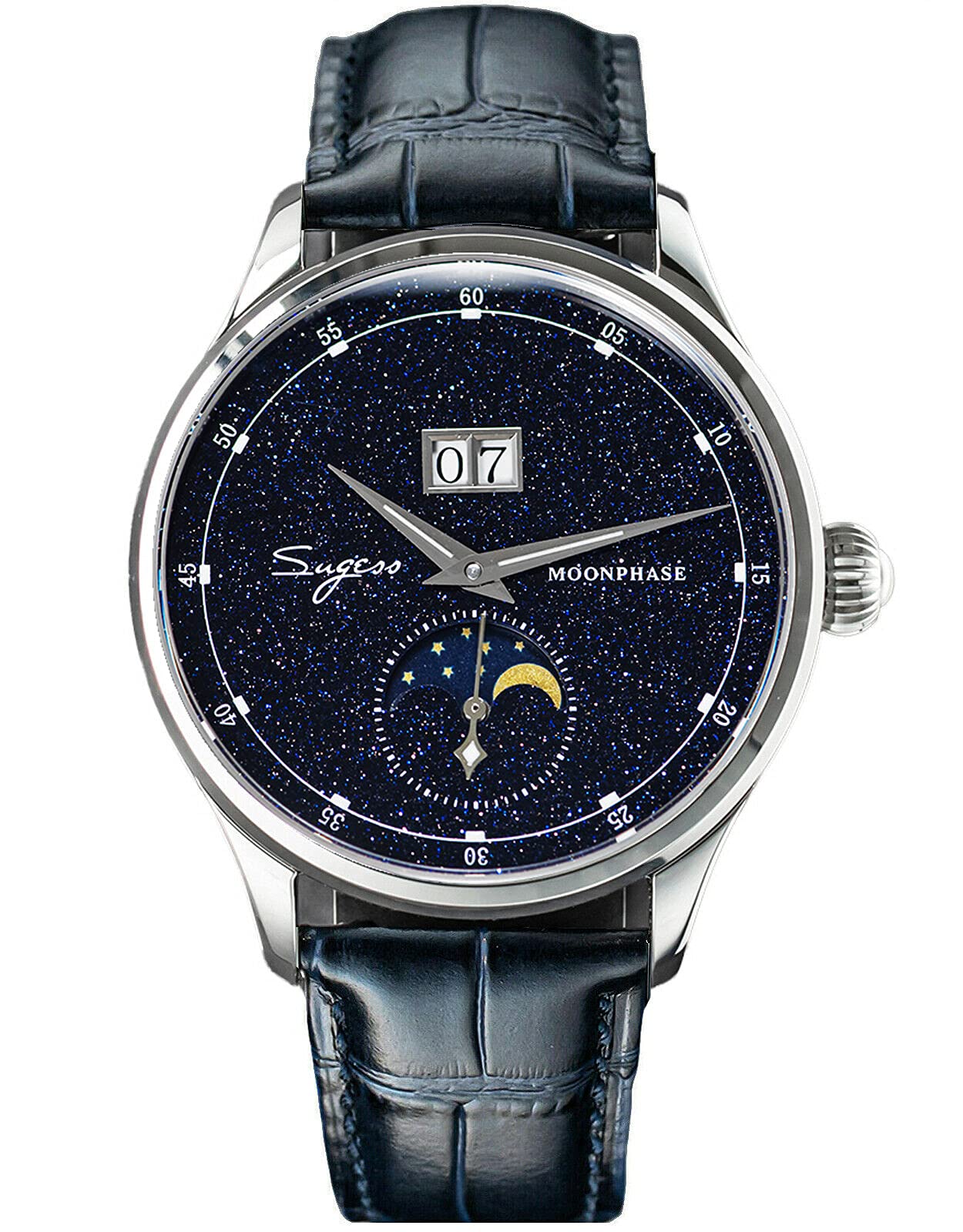 SU2528STRA Blue Goldstone Stardust Dial MoonPhase Master Seagull ST2528 Sapphire Men's Automatic Mechanical Watch 1963