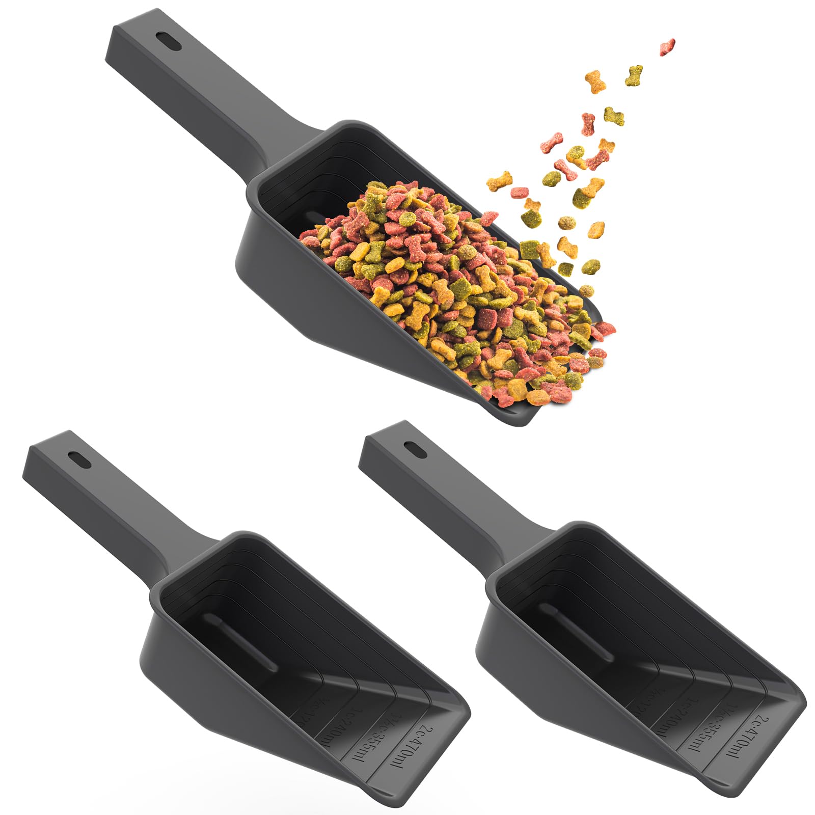Pet Food Scoop 2-Cup (Pack of 3), 650ml Measuring Scoops for Dry Ingredients, Plastic Pet Food Scoop with Measuring Lines for Accurate Portion Control, Dishwasher Safe (Black)