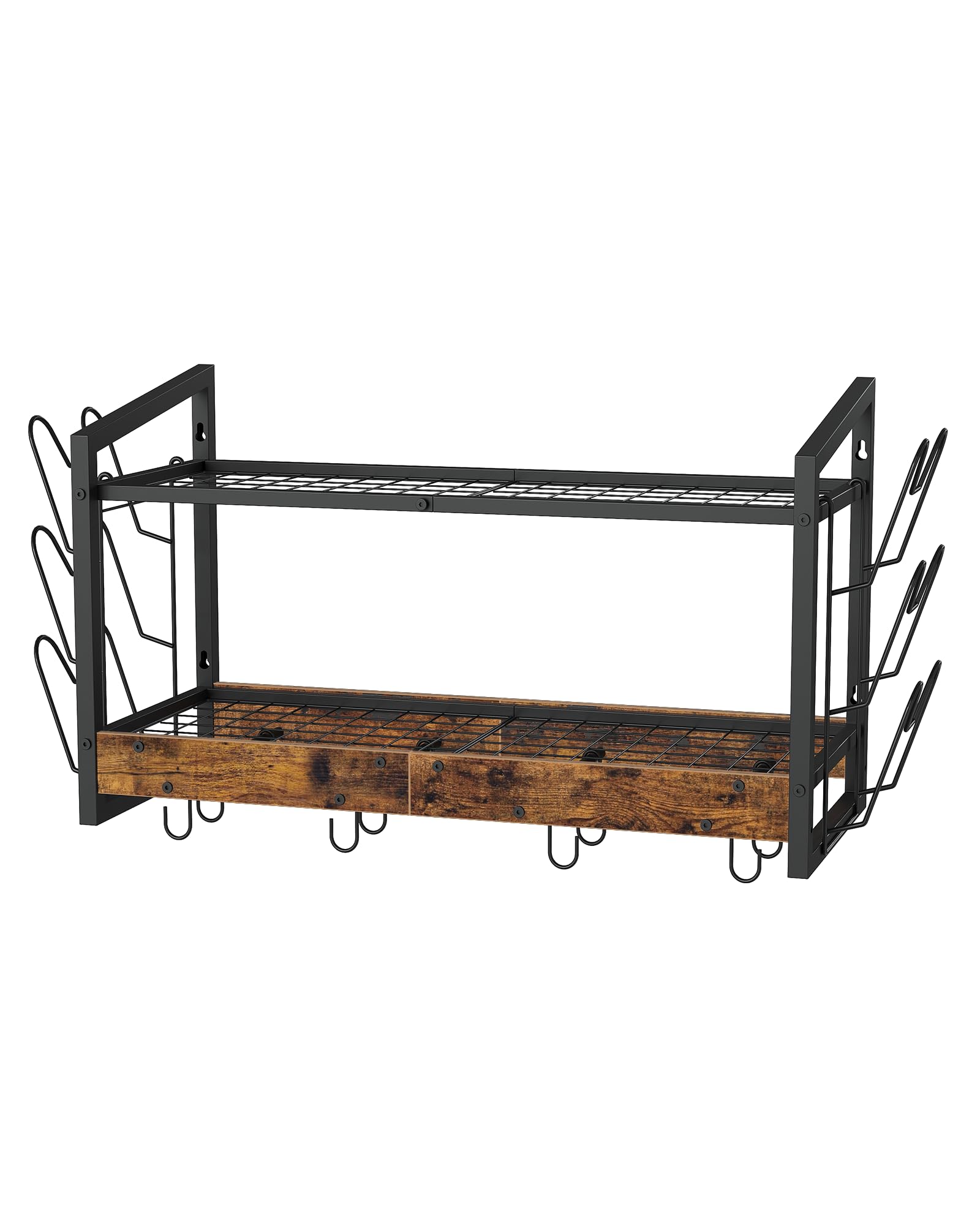 CHOEZON Soporte de Pared para Ollas, Estante de Cocina de 2 Niveles para Ollas y Tapas, Soporte para Sartenes, Vajilla y Utensilios de Cocina con 12 Ganchos, Marrón Vintage y Negro DTPR02BF