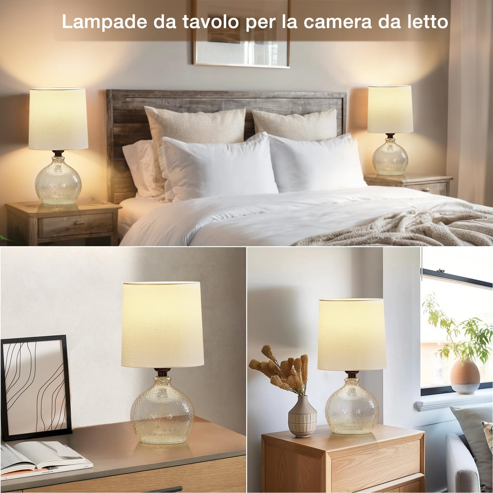 GyroVu Set di 2 Lampade da Tavolo in Vetro Lampada da Comodino con Base in Vetro e Paralume in Tessuto Bianco per Camera da Letto