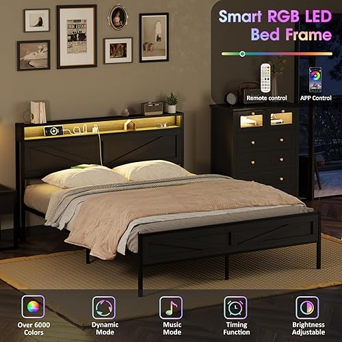 Miniatura 51 de Base de cama LED tamaño Queen con estación de carga y 4 cajones, plataforma de metal con cabecero de puertos USB, marco de cama de granja con luces