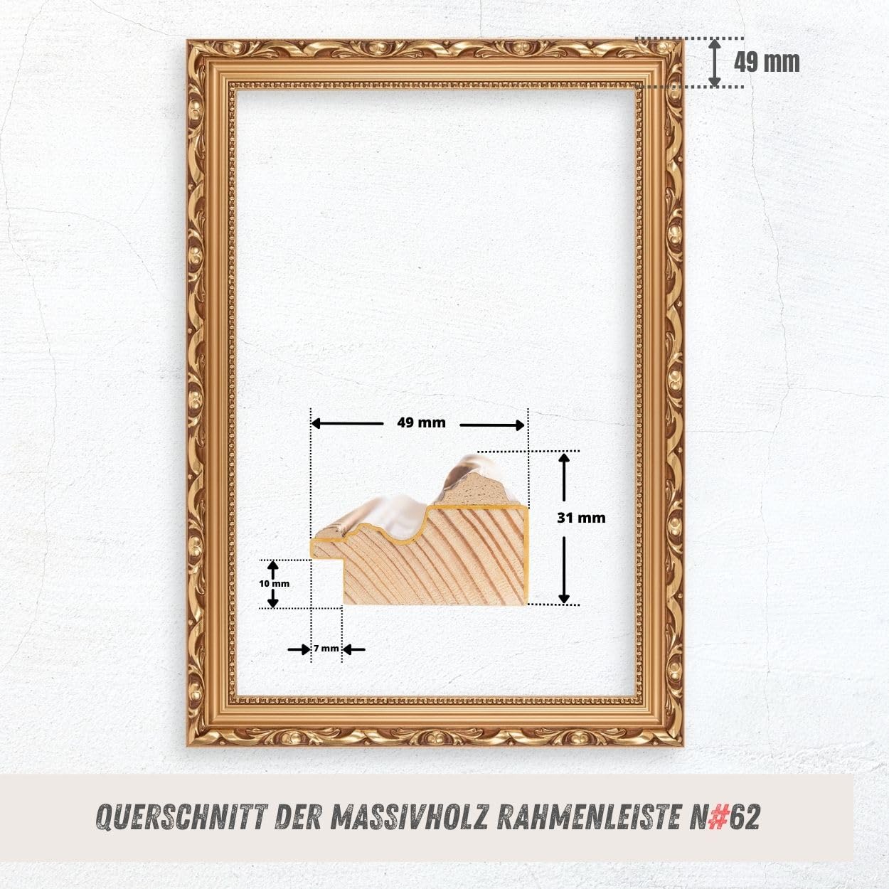 N°62 Barock Bilderrahmen 20x20 cm Bildmaß, Bronze, Massivholz | breite Echtholz-Profilleiste, Acrylglas glasklar & bruchsicher, Vintage-Stil, HDF-Rückwand, Metallaufhänger, handgefertigt