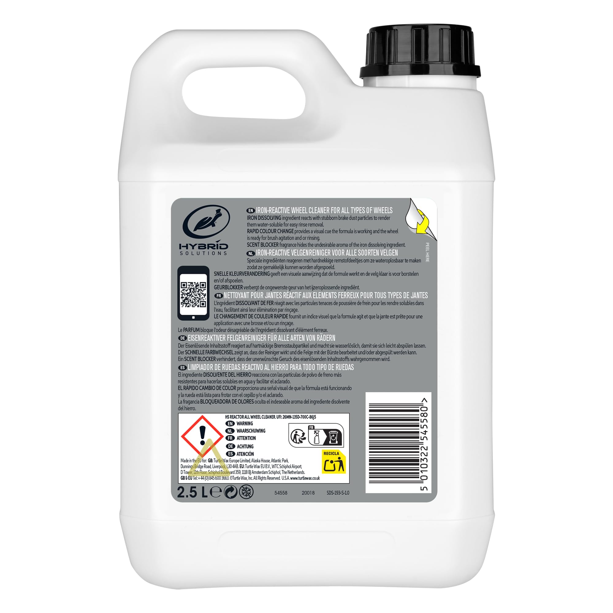 Turtle Wax Reactor Allradreiniger – 2,5 Liter | Schnelle Farbwechsel-Formel – Eisenlöslich, pH-ausgewogener Reifenreiniger – entfernt Bremsstaub, Schmutz und Verkehrsfilm – sicher für alle Radtypen