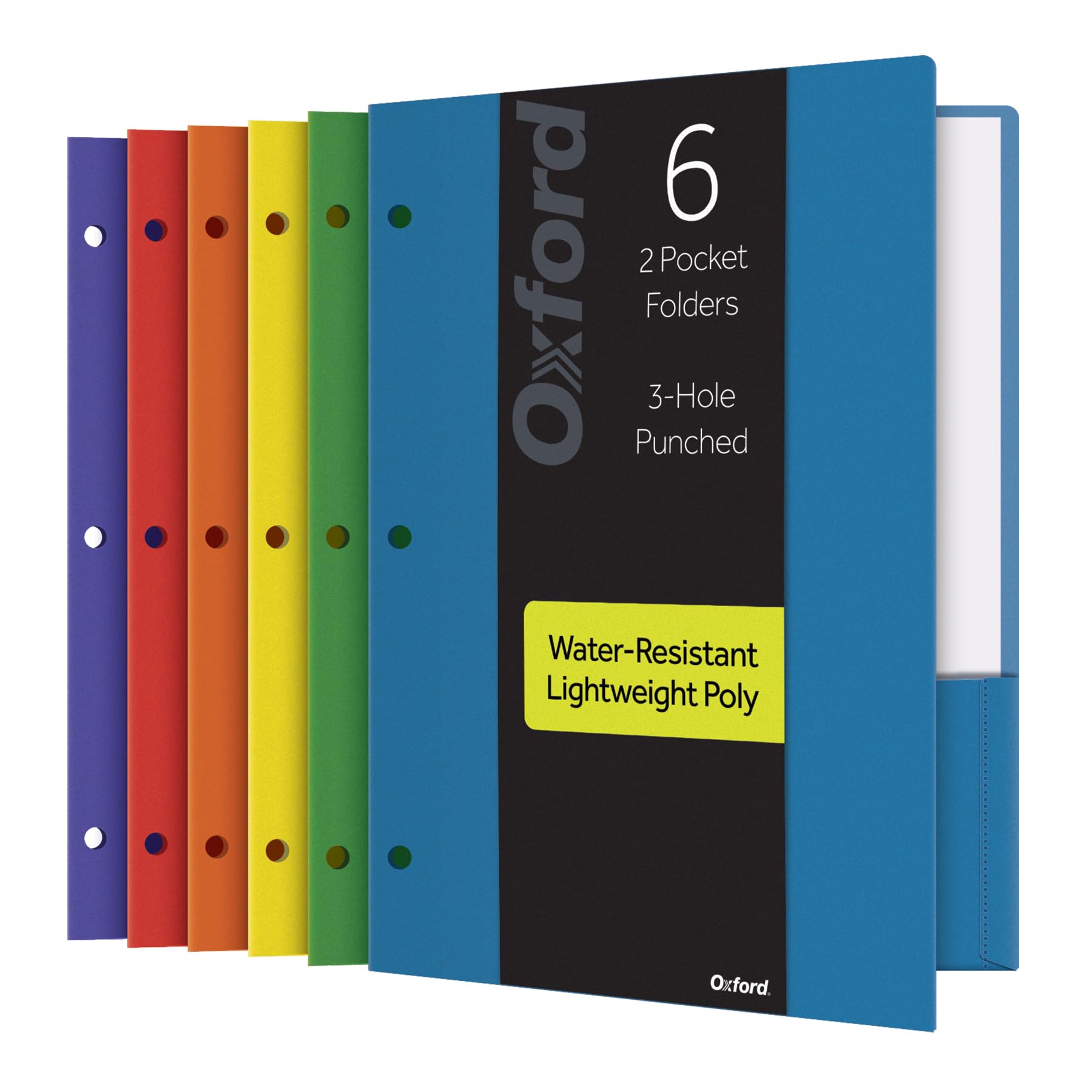 Oxford 2 Pocket Folders, Plastic Portfolio, Folder for School and Office, 2-Pocket Paper Organizer, 3 Hole Punch, Letter Size, Asst. Colors (Blue, Green, Yellow, Orange, Red, Purple), 6 Pack (14187)