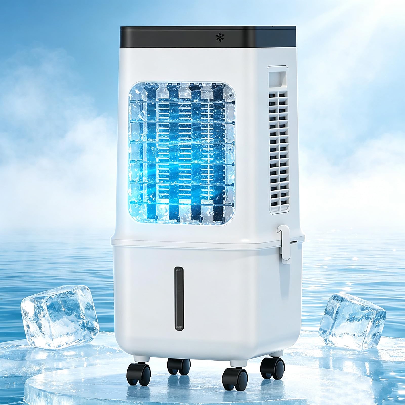Ventilador enfriador evaporativo 3 en 1,Enfriador de aire portátil por agua,Control remoto,Depósito de agua de 15 L, 3 velocidades,Temporizador de 7,5 horas, oscilación de 90°,para el hogar,oficina |