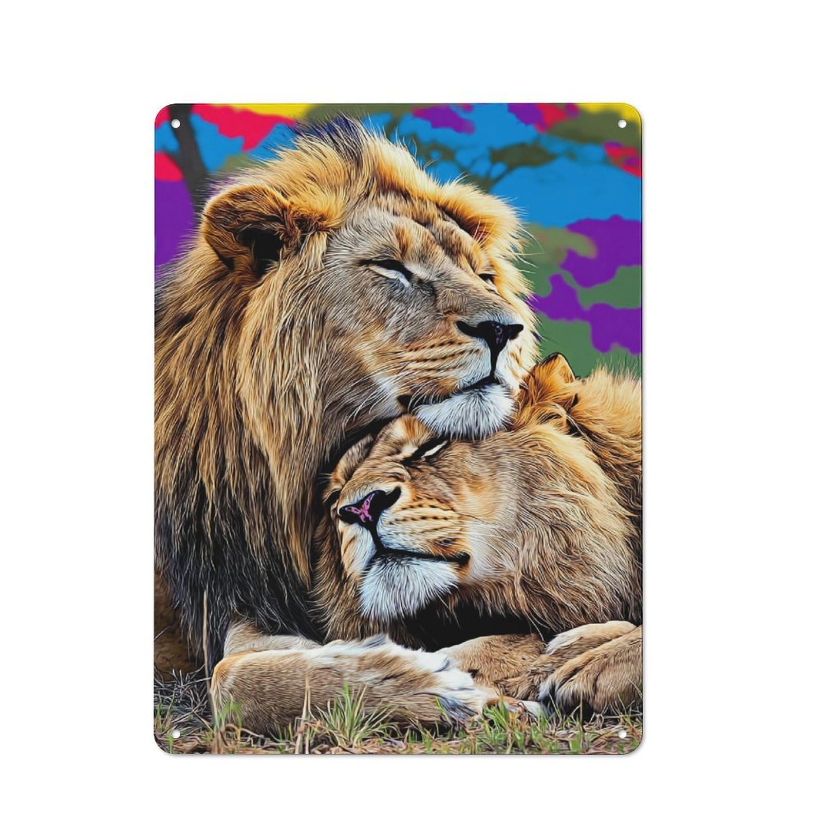 Junmoney Peaceful Lion Couple In Vibrant Landscape Rustic Tin Sign 40X30cm For Living Room Or Hallway, Suited To Living Room Decor Lovers