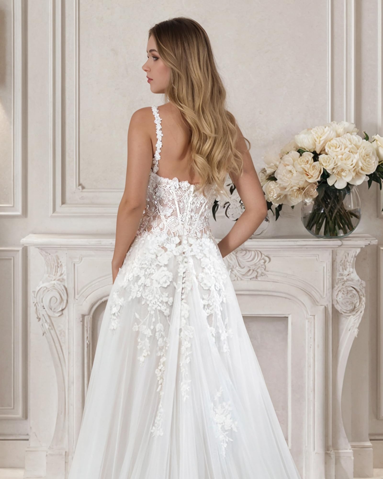 JAEDEN Spitze Brautkleider Damen Tüll Hochzeitskleider A-Linie Braut Standesamtkleider Herzausschnitt