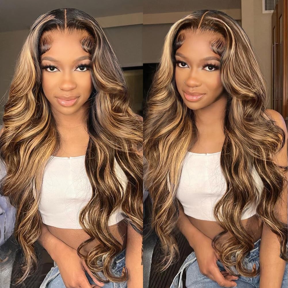 QUANDIAN 28 Inch 13x6 Body Wave Highlight Ombre Lace Front Wig Human Hair 13x6 HD Lace Front Wigs Human Hair 180% Density P4/27 Colored Wigs Honey