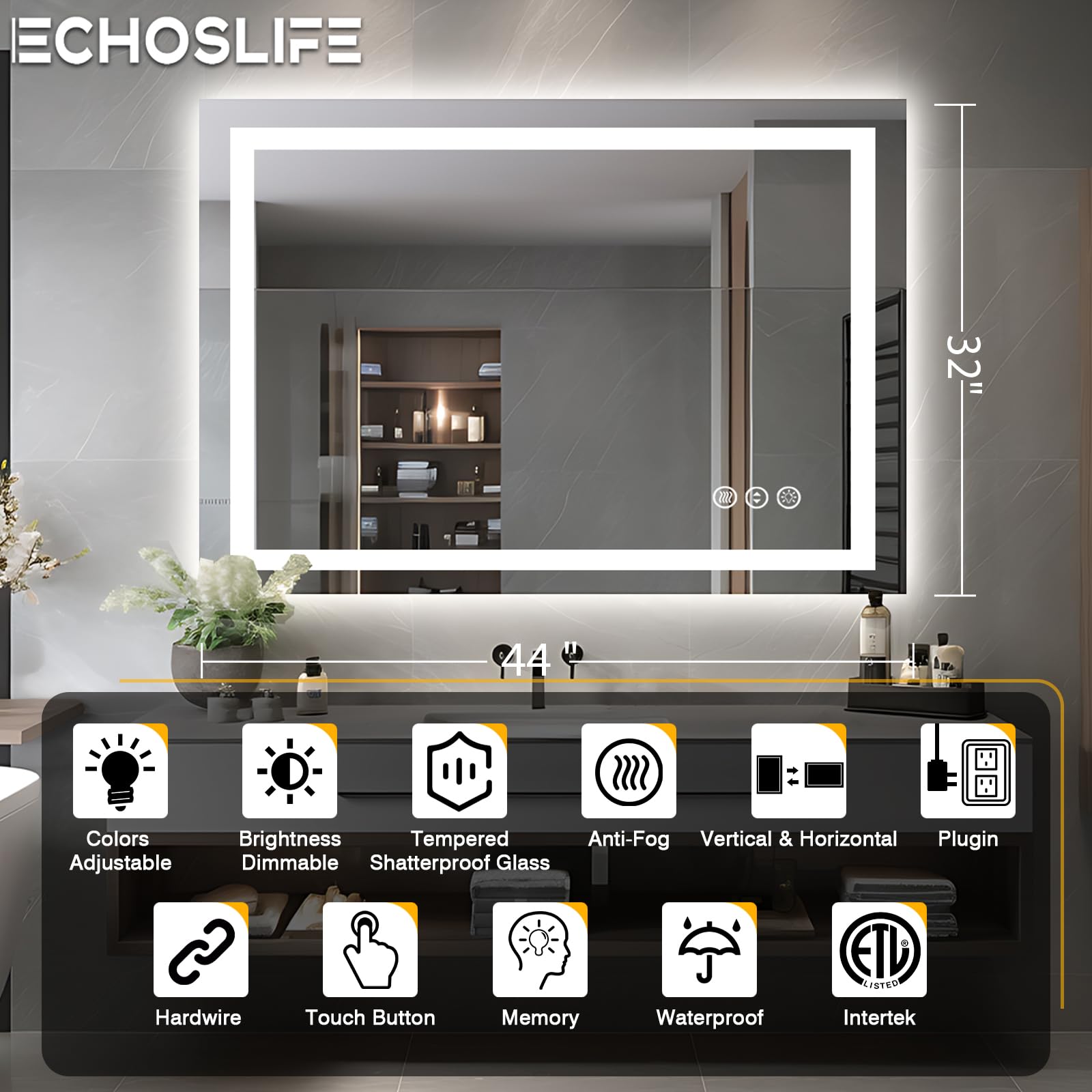 EchosLife 44x32 Inch Bathroom Mirror With LED Lights - Anti-Fog, 3 Color Modes, Dimmable | Horizontal Or Vertical Mount - View #6