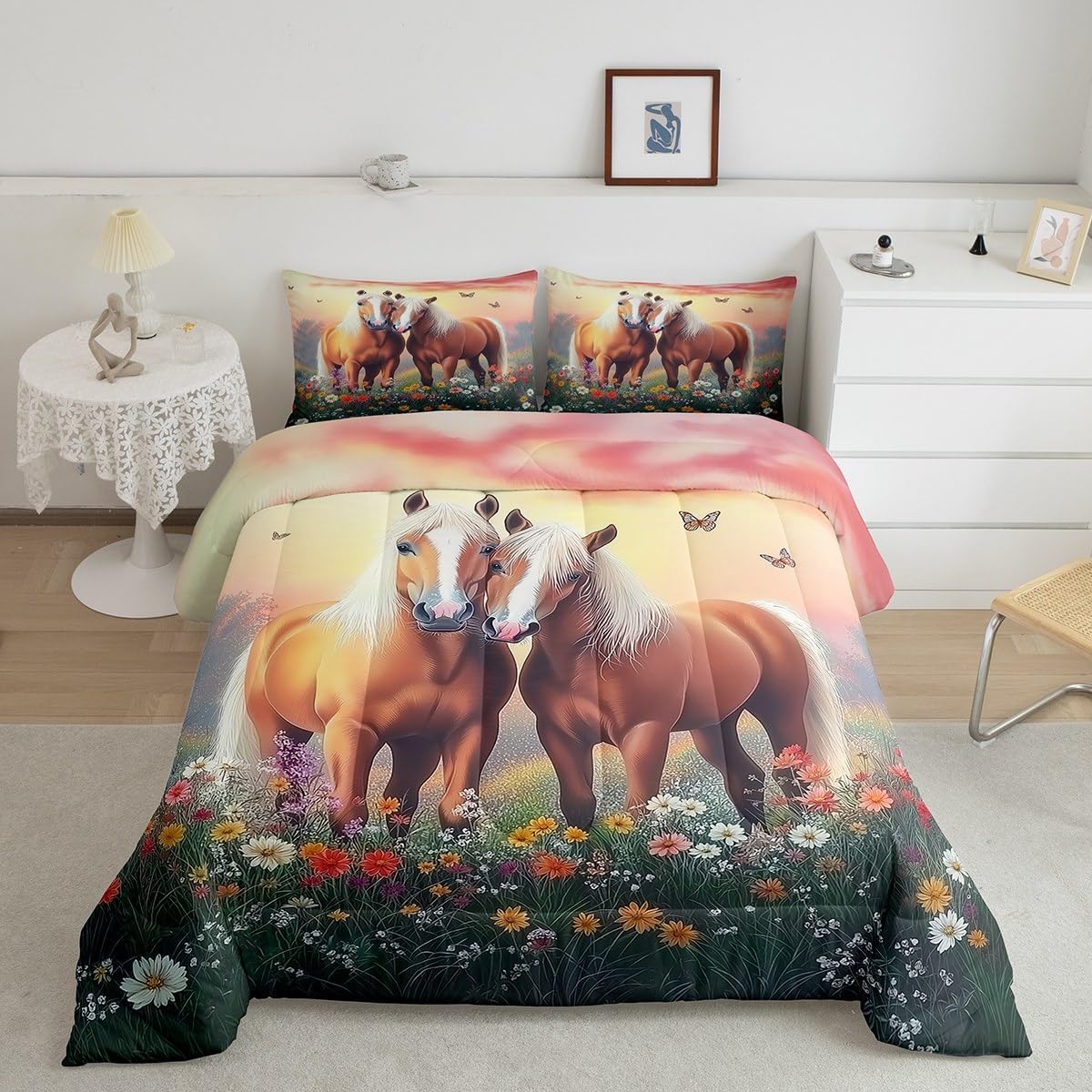 Horse Bedding Sets Toddler Size, Botanical Floral Comforter Set for Kids Adults, Western Cowgirl Bedding Comforter Sets Aesthetic Country Bed Set, Horse Decor for Girls Room (Pink Reversible)