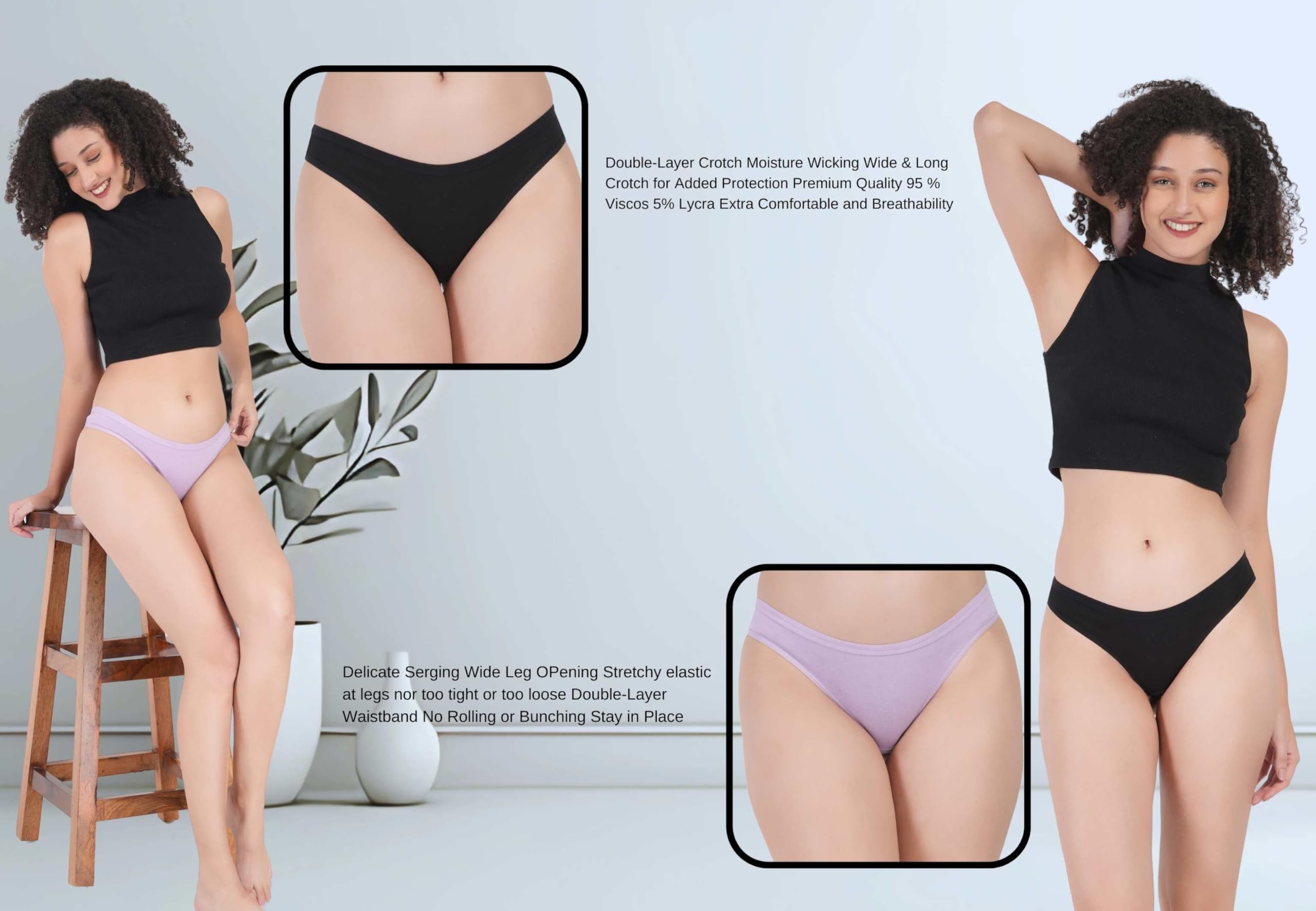 Flosee Women's Viscos Cotton G-Staring Thong Panties, Available in Regular & Plus Size Pack of 2 Black-Purple - Image 5 thumbnail