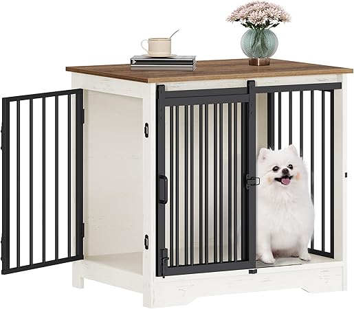 27.2" Dog Crate Furniture with Barn Door, Heavy Duty Dog Kennel Indoor with 2 Doors, Wooden Pet Cage End Table for Small Medium Dogs up to 22 lb, Anti-Chew Anti-Escape, White Brown DFC84314B