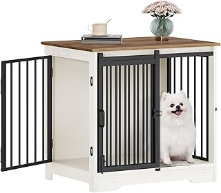 27.2" Dog Crate Furniture with Barn Door, Heavy Duty Dog Kennel Indoor with 2 Doors, Wooden Pet Cage End Table for Small Medium Dogs up to 22 lb, Anti-Chew Anti-Escape, White Brown DFC84314B